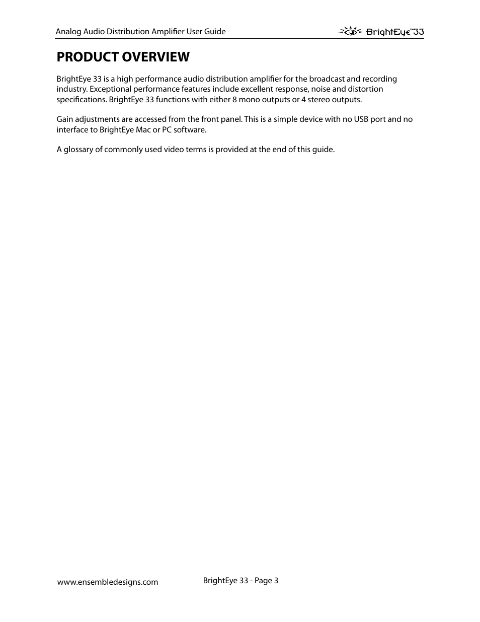 Product overview | Ensemble Designs BrightEye 33 Analog Audio Distribution Amplifier User Manual | Page 3 / 15