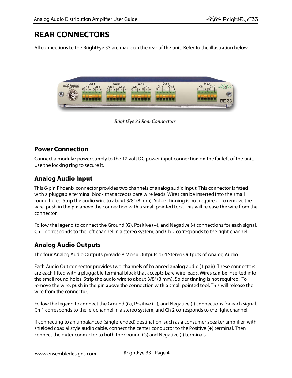 Rear connectors, Power connection, Analog audio input | Analog audio outputs | Ensemble Designs BrightEye 33 Analog Audio Distribution Amplifier User Manual | Page 4 / 15