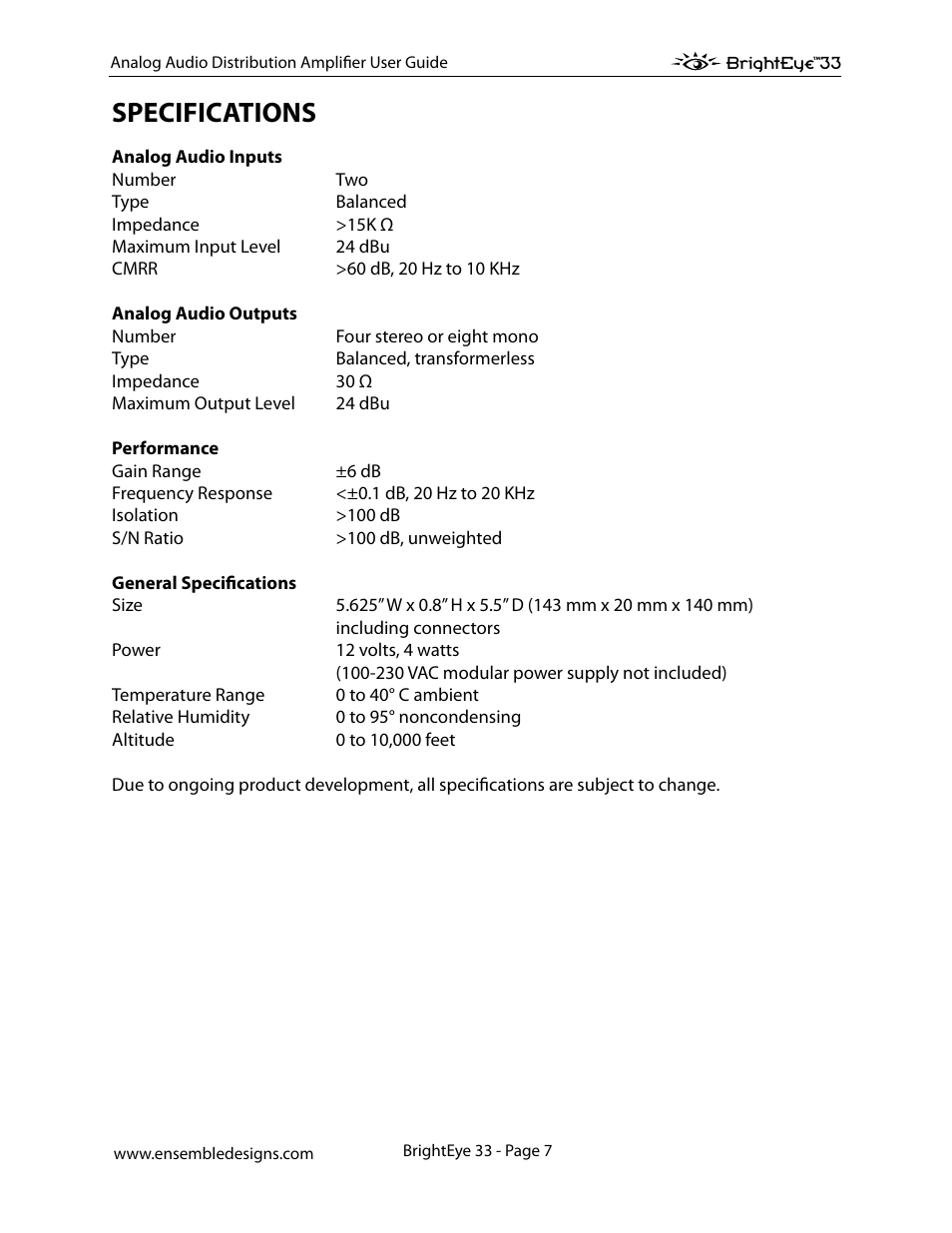 Specifications, Specifications 7 | Ensemble Designs BrightEye 33 Analog Audio Distribution Amplifier User Manual | Page 7 / 15