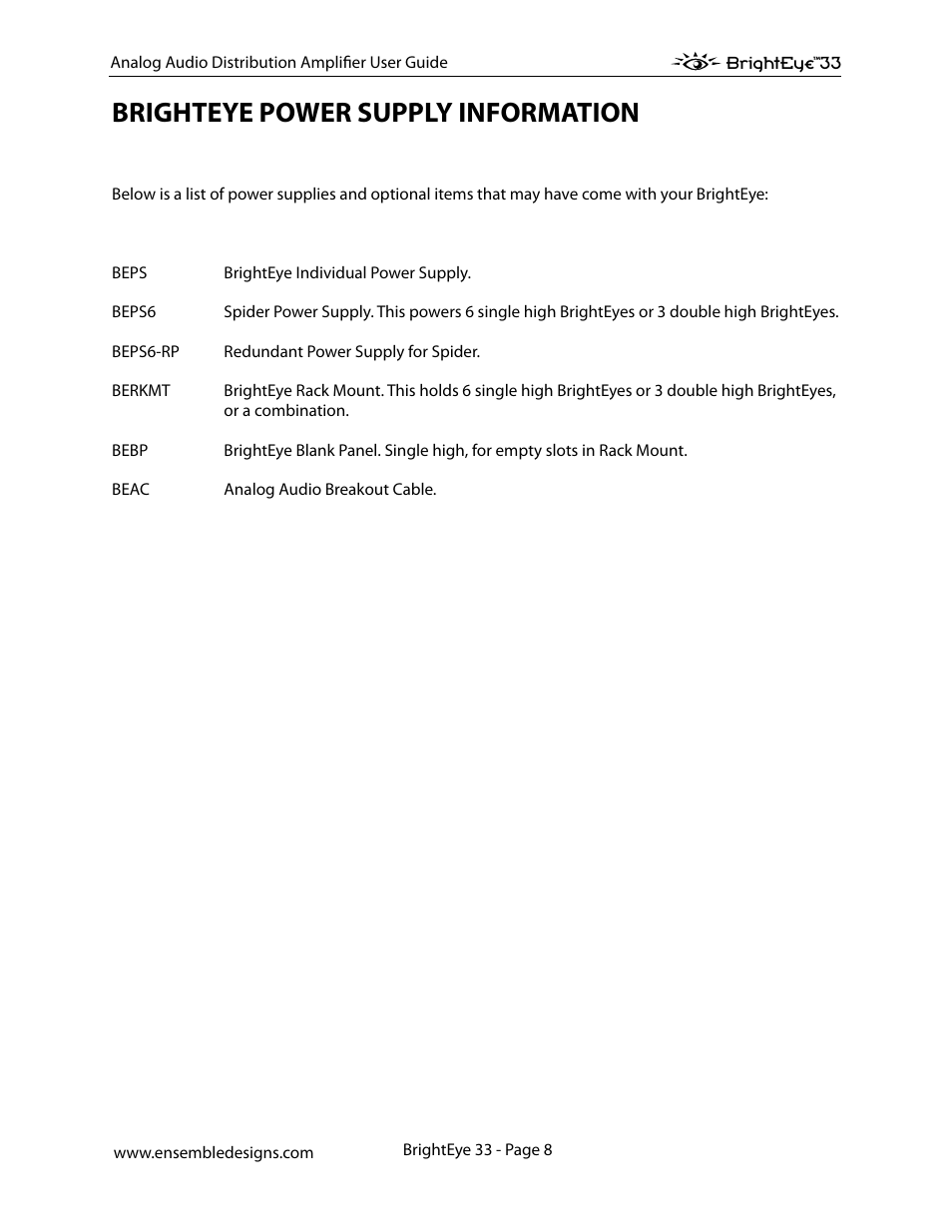 Brighteye power supply information | Ensemble Designs BrightEye 33 Analog Audio Distribution Amplifier User Manual | Page 8 / 15