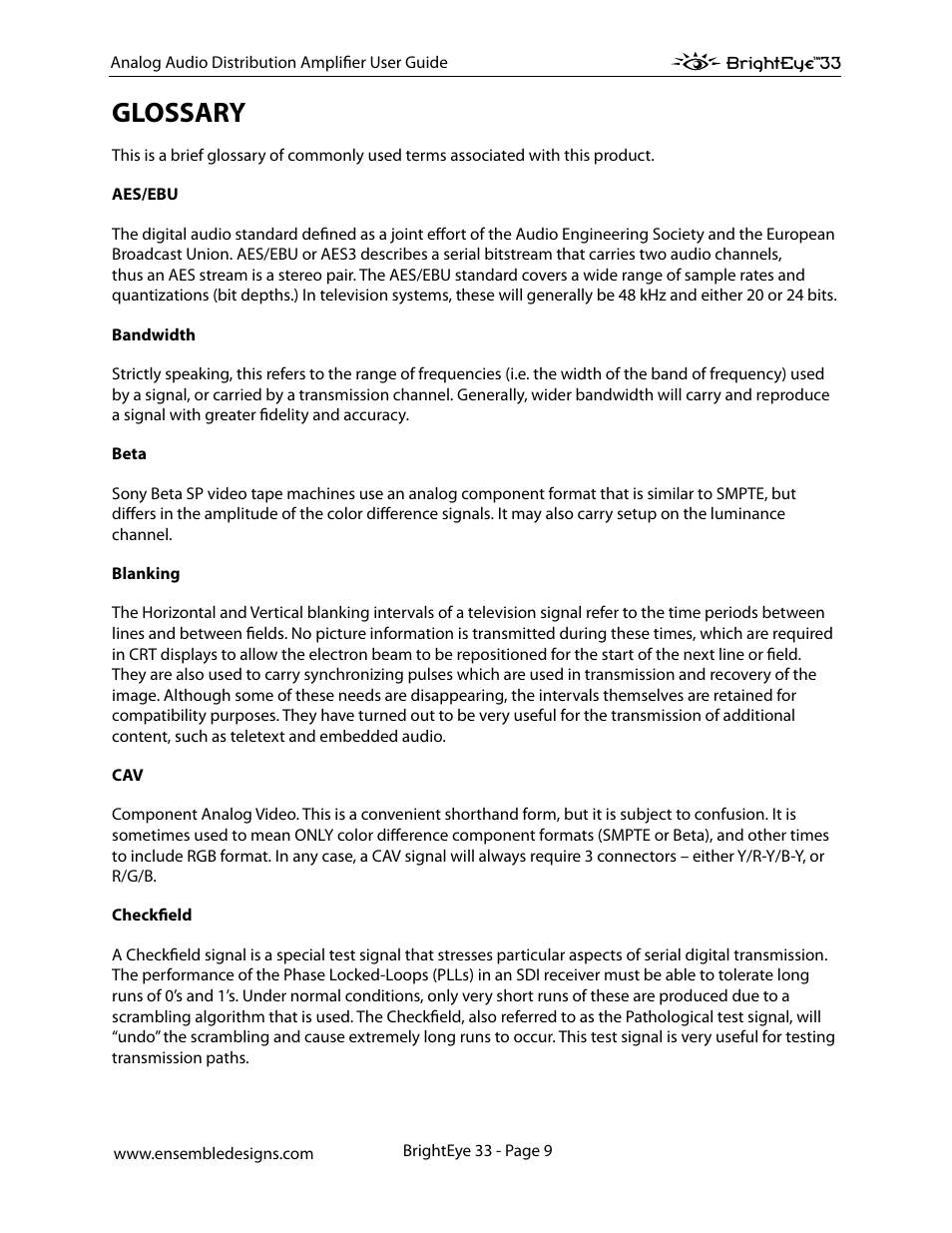 Glossary, Glossary 9 | Ensemble Designs BrightEye 33 Analog Audio Distribution Amplifier User Manual | Page 9 / 15