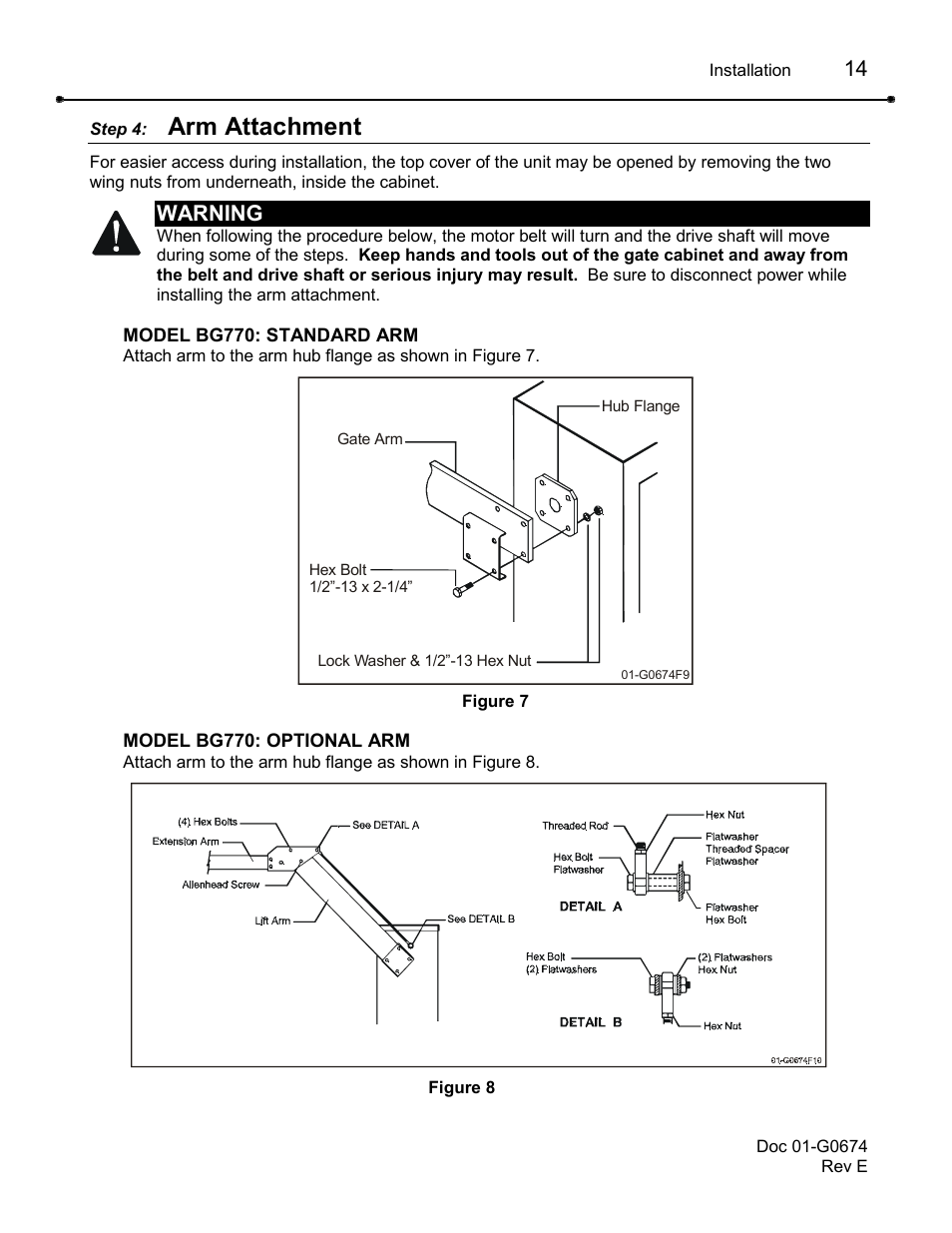 Step 4: arm attachment, Arm attachment, Warning | Chamberlain BG790 User Manual | Page 14 / 32