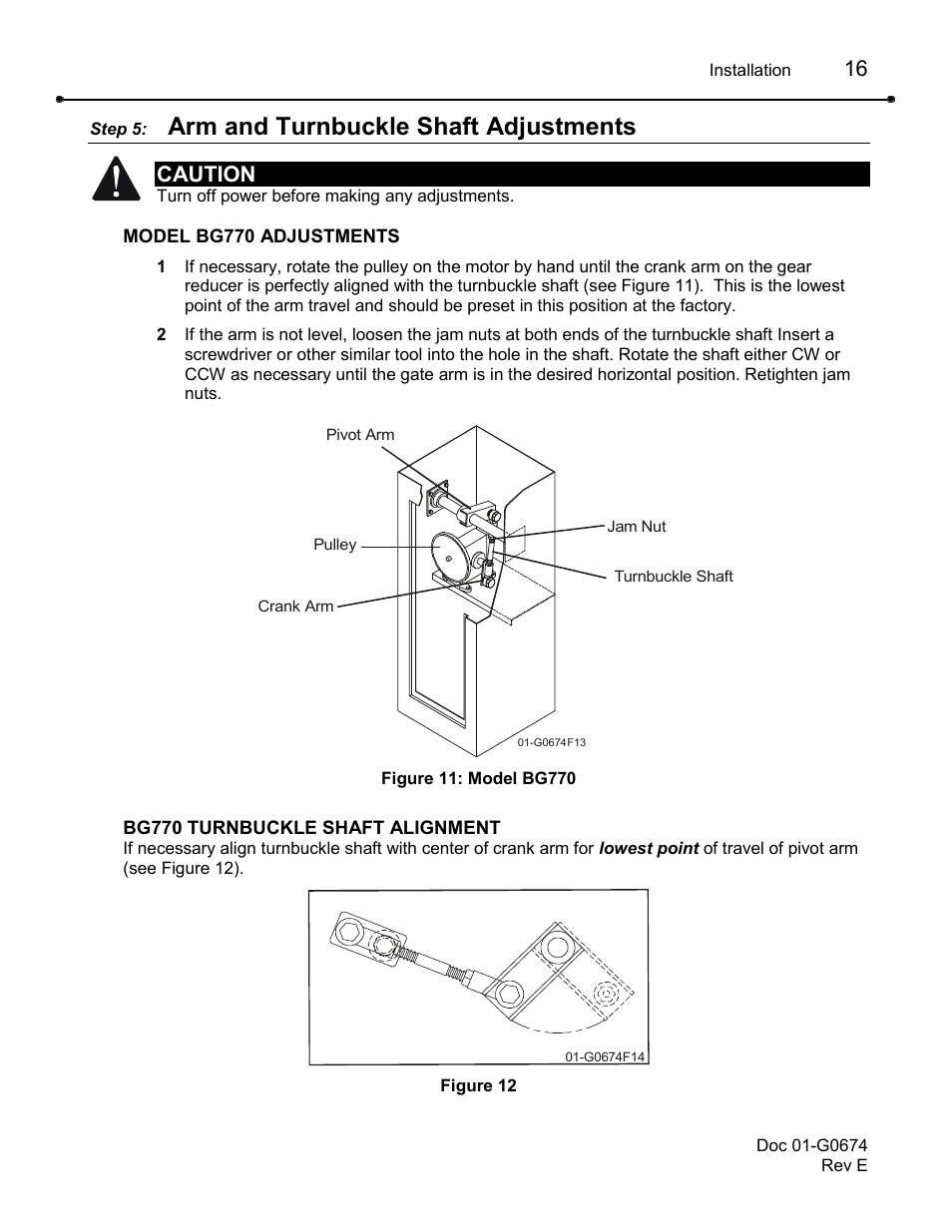 Step 5: arm and turnbuckle shaft adjustments, Arm and turnbuckle shaft adjustments, Caution | Chamberlain BG790 User Manual | Page 16 / 32