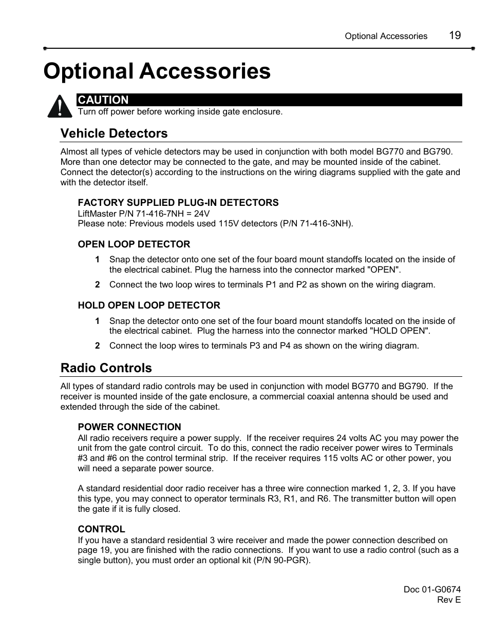 Optional accessories, Vehicle detectors, Radio controls | Chamberlain BG790 User Manual | Page 19 / 32