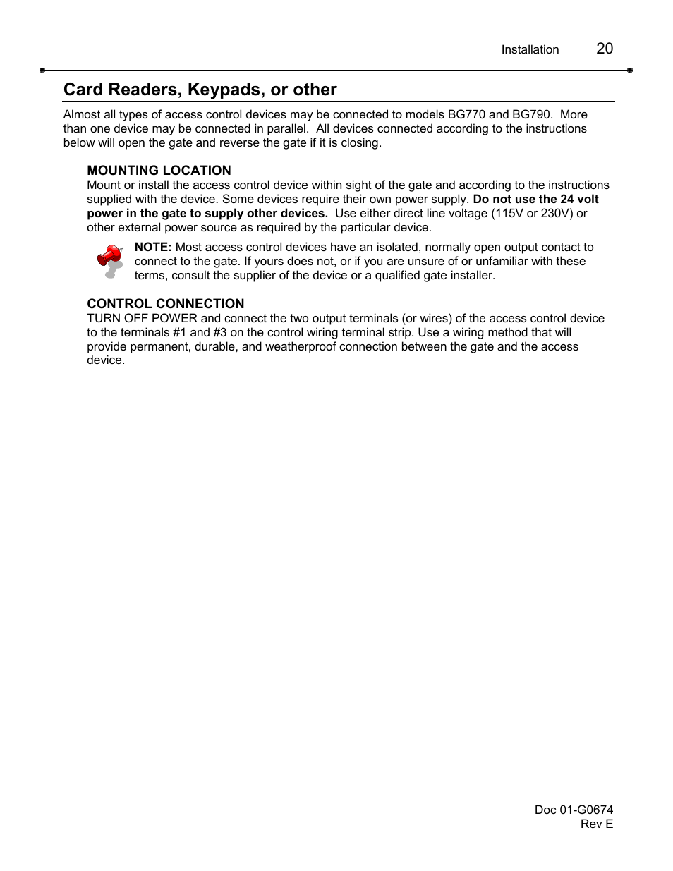 Card readers, keypads, or other | Chamberlain BG790 User Manual | Page 20 / 32
