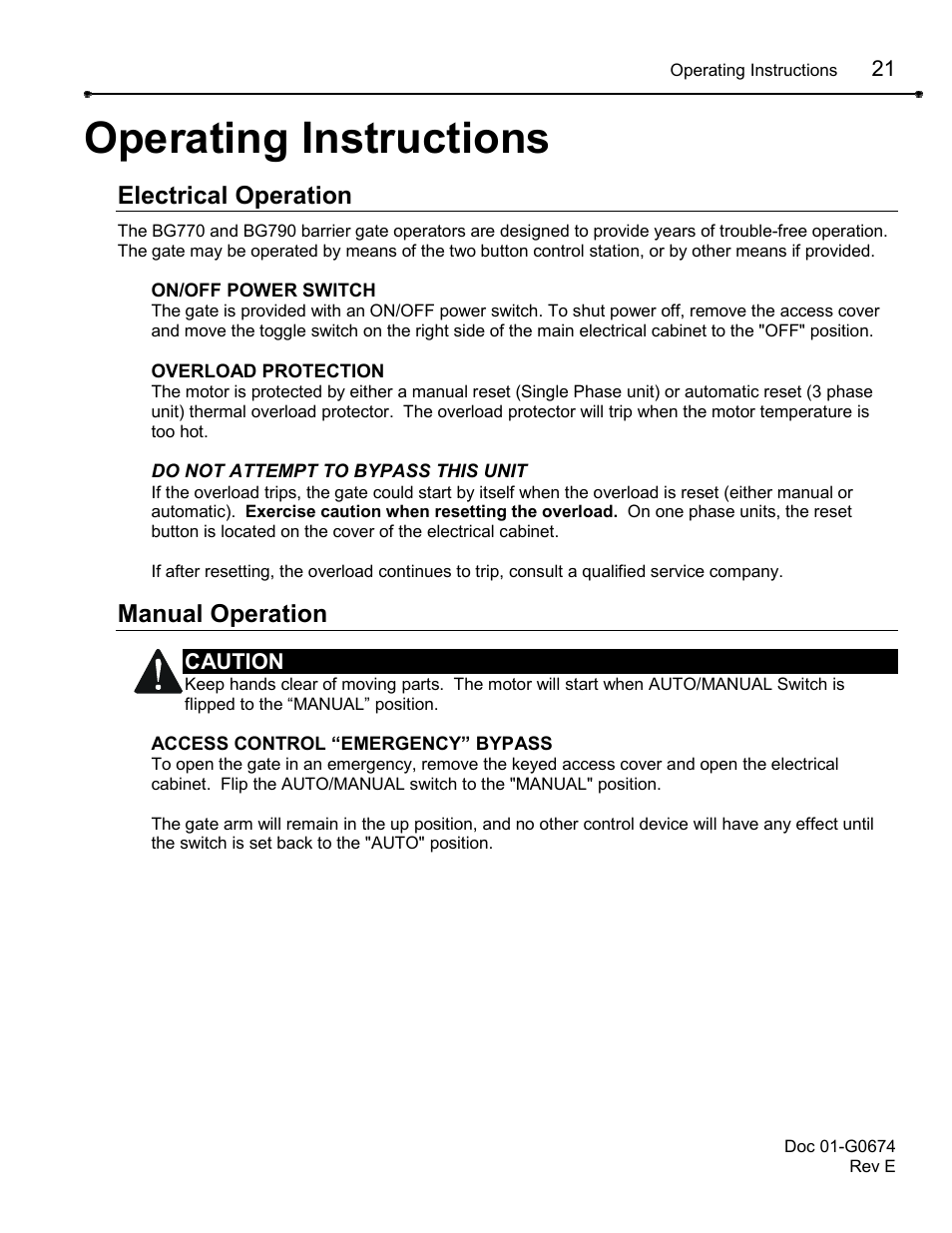 Operating instructions, Electrical operation, Manual operation | Chamberlain BG790 User Manual | Page 21 / 32