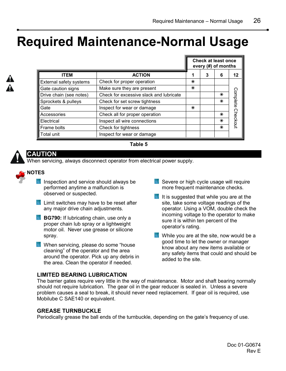 Required maintenance-normal usage, Warranty policy, Caution | Chamberlain BG790 User Manual | Page 26 / 32