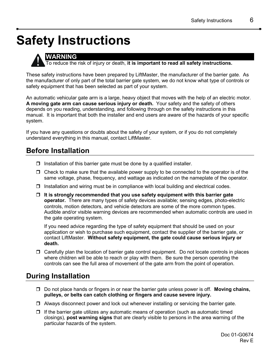 Safety instructions, Before installation, During installation | Chamberlain BG790 User Manual | Page 6 / 32