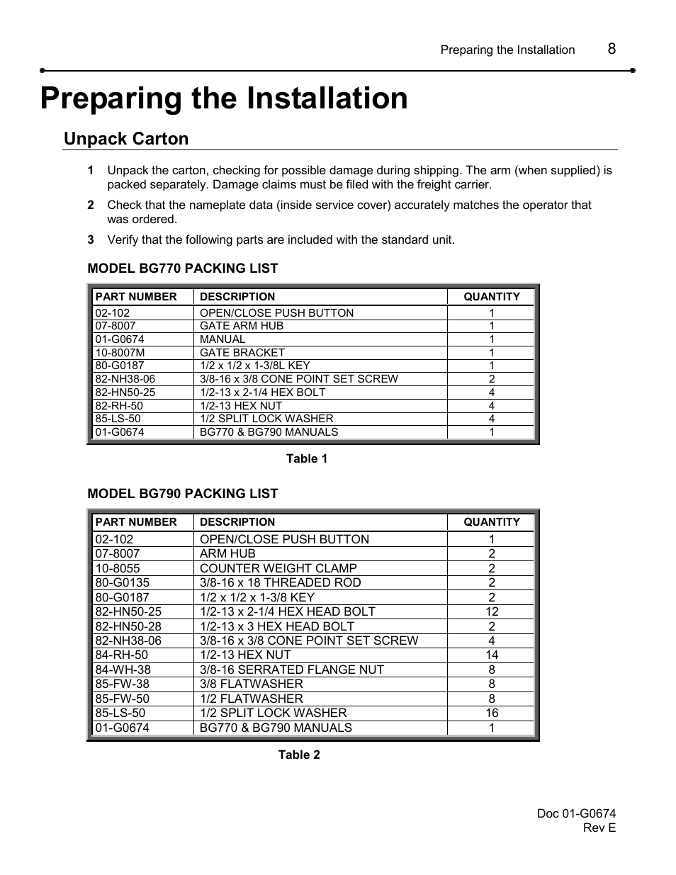 Preparing the installation, Unpack carton | Chamberlain BG790 User Manual | Page 8 / 32