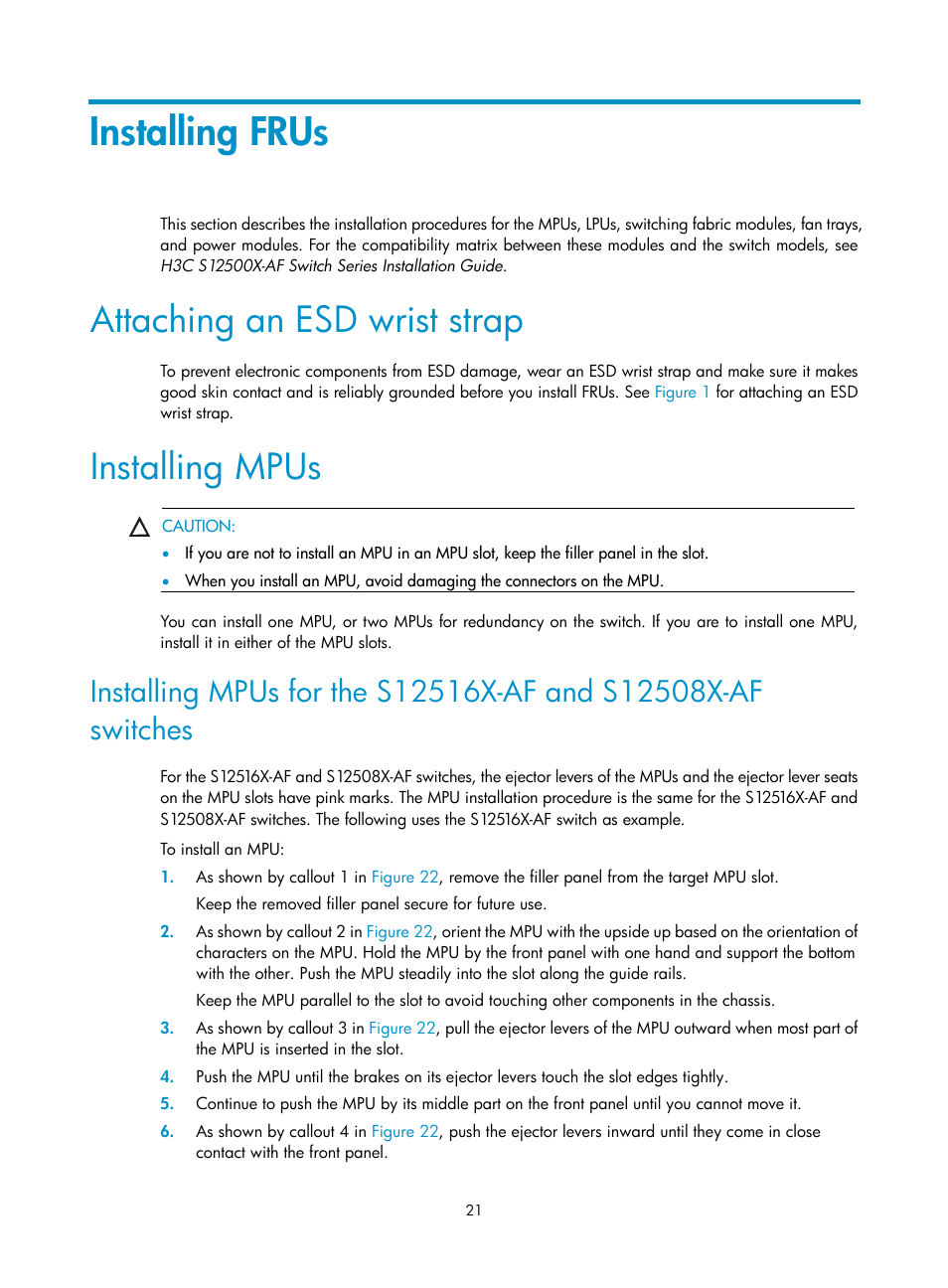 Installing frus, Attaching an esd wrist strap, Installing mpus | H3C Technologies H3C S12500X-AF Series Switches User Manual | Page 25 / 53