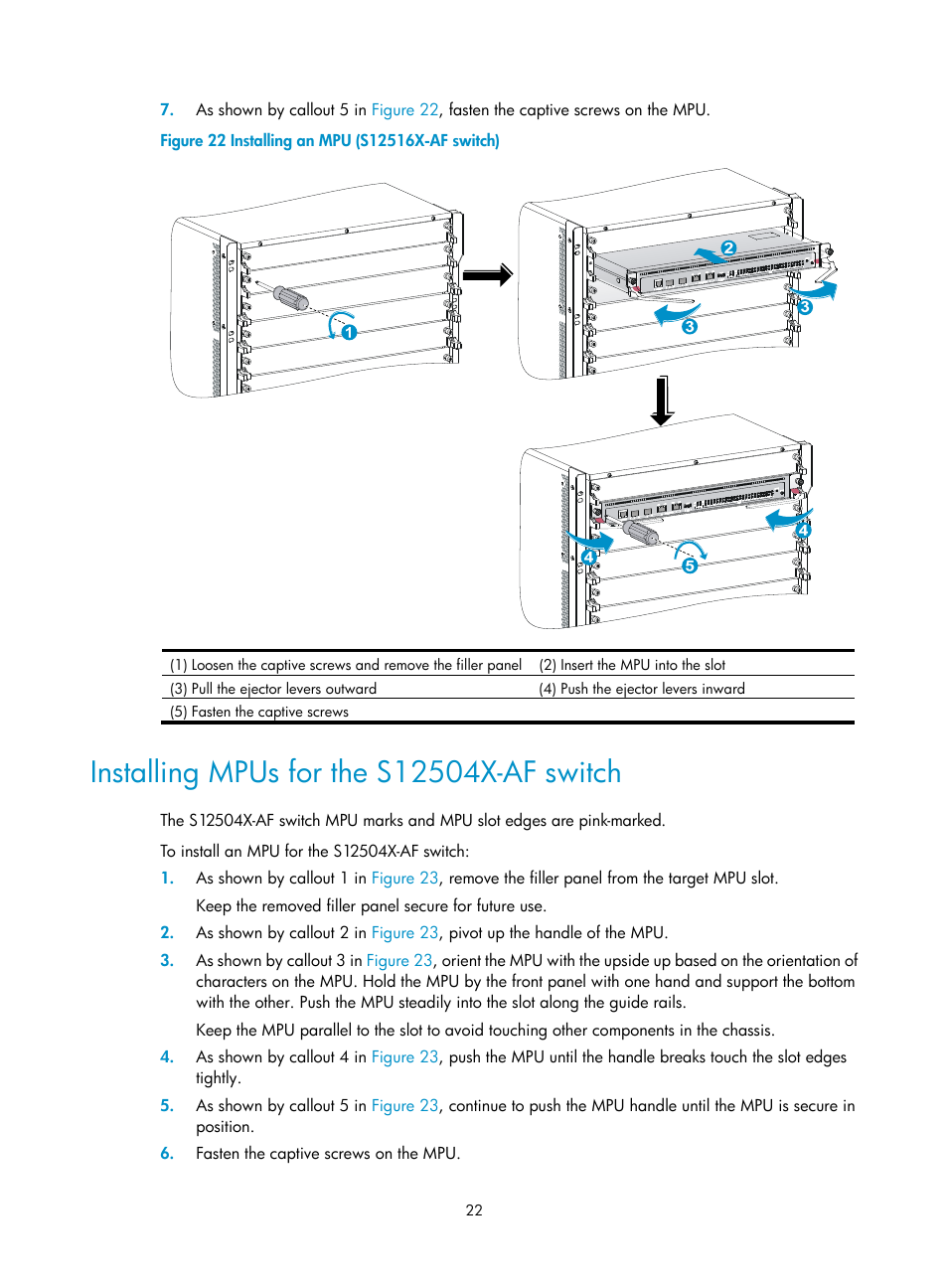 Installing mpus for the s12504x-af switch, Ut 1 in, Figure 22 | Orient the mpu with the upside, Ut 3 in, Pull the ejector levers of the, Push | H3C Technologies H3C S12500X-AF Series Switches User Manual | Page 26 / 53