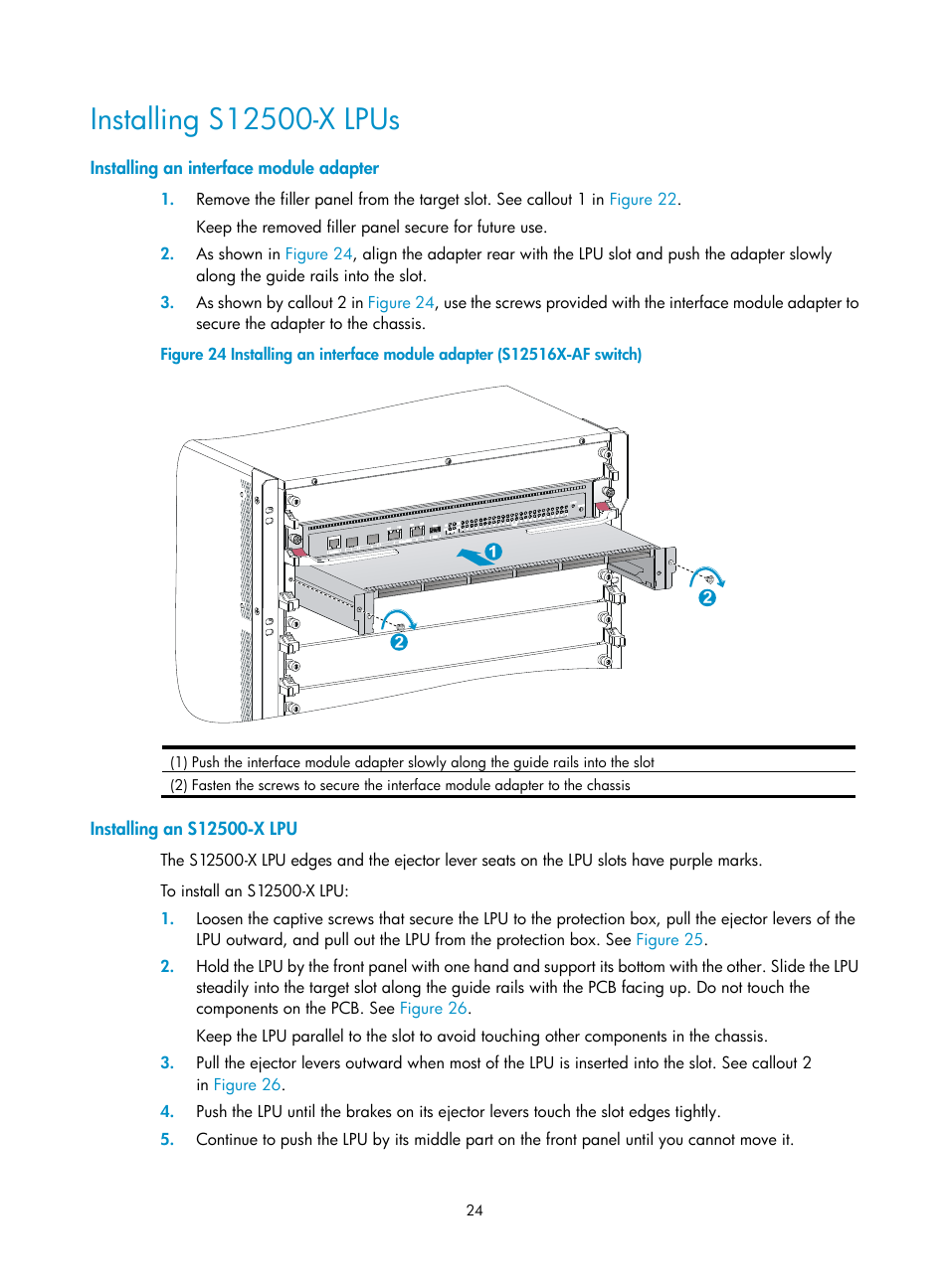 Installing s12500-x lpus, Installing an interface module adapter, Installing an s12500-x lpu | H3C Technologies H3C S12500X-AF Series Switches User Manual | Page 28 / 53
