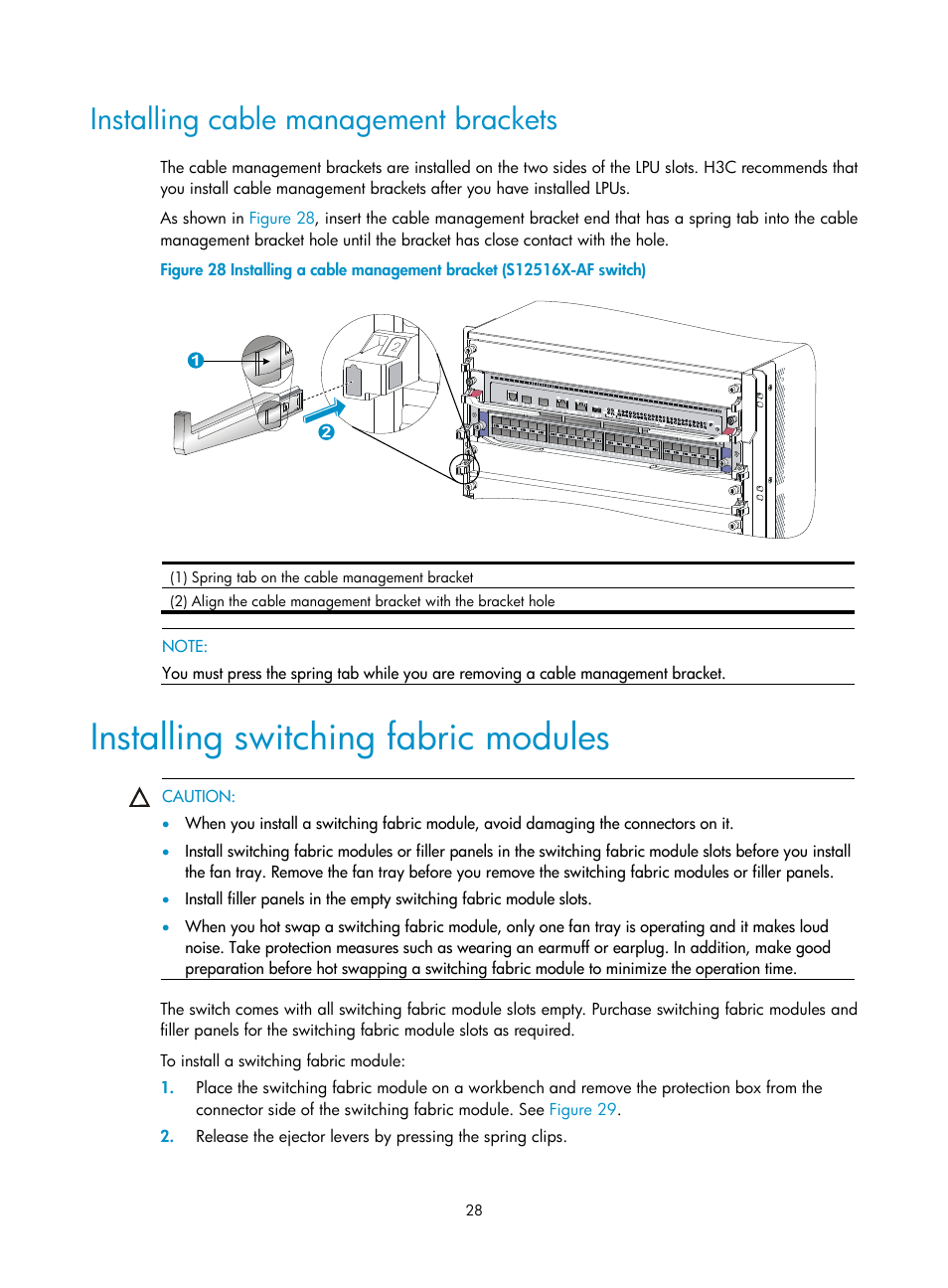 Installing cable management brackets, Installing switching fabric modules | H3C Technologies H3C S12500X-AF Series Switches User Manual | Page 32 / 53