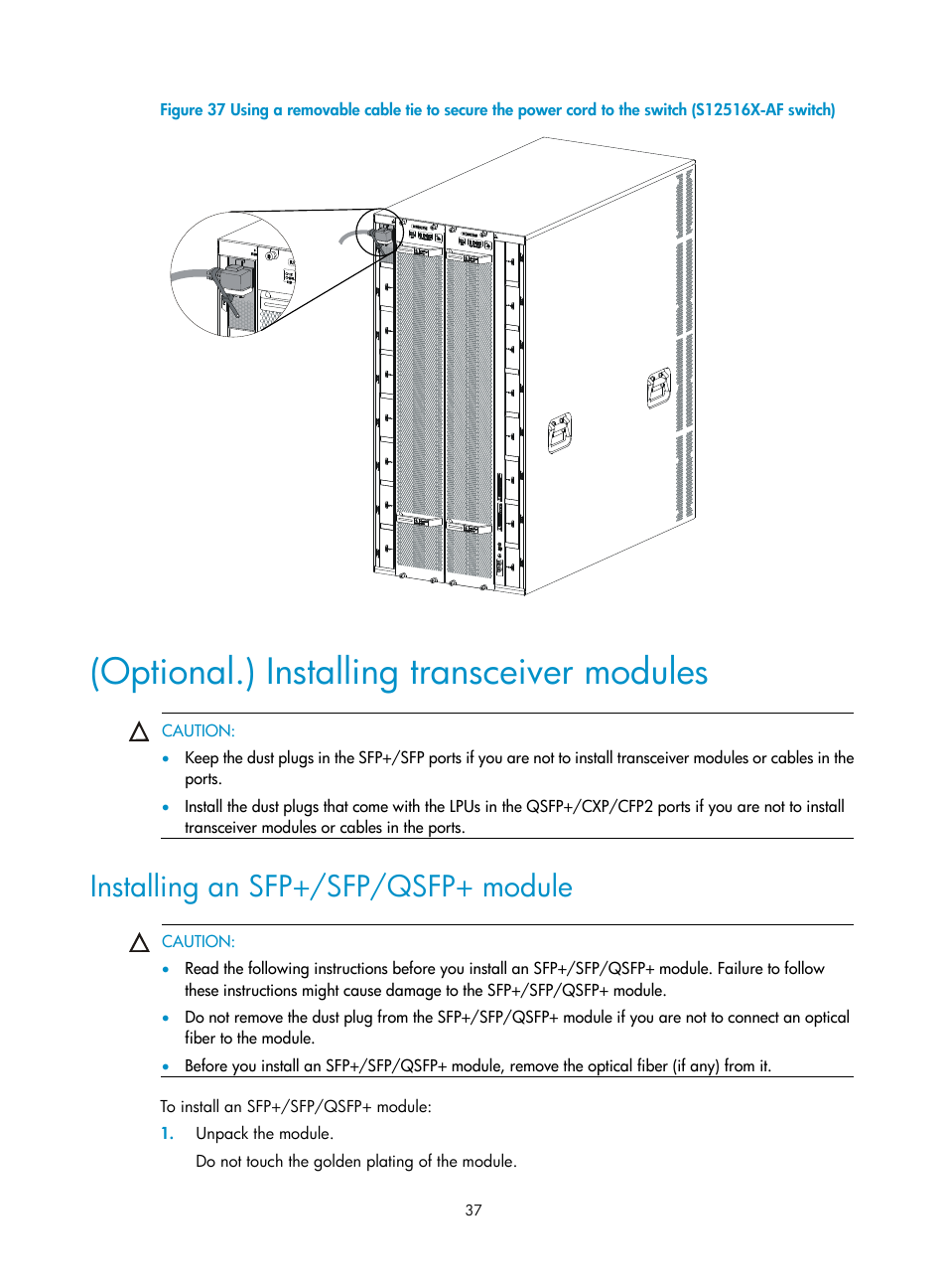 Optional.) installing transceiver modules, Installing an sfp+/sfp/qsfp+ module | H3C Technologies H3C S12500X-AF Series Switches User Manual | Page 41 / 53