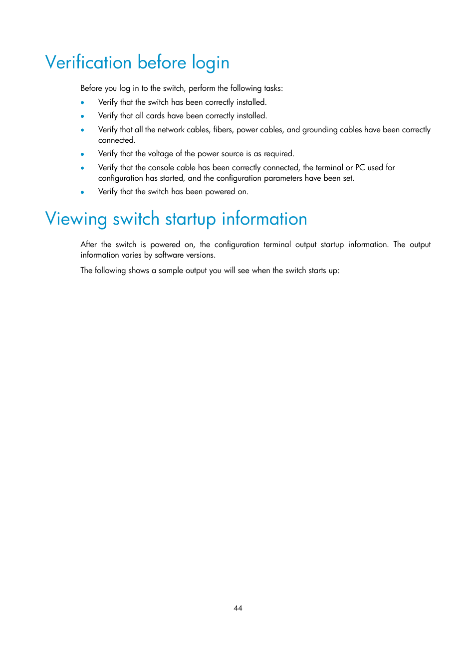 Verification before login, Viewing switch startup information | H3C Technologies H3C S12500X-AF Series Switches User Manual | Page 48 / 53