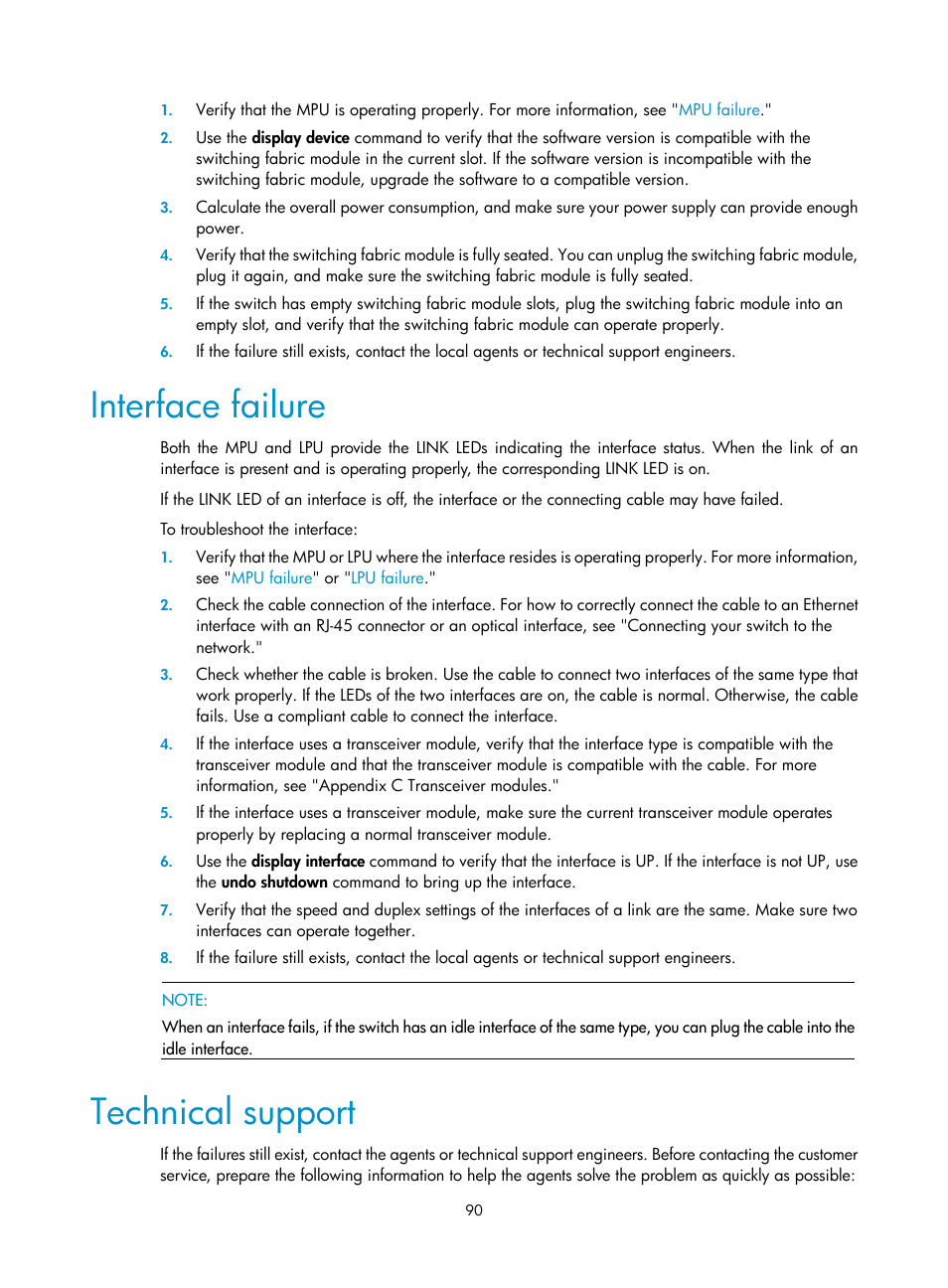 Interface failure, Technical support | H3C Technologies H3C S12500 Series Switches User Manual | Page 100 / 170