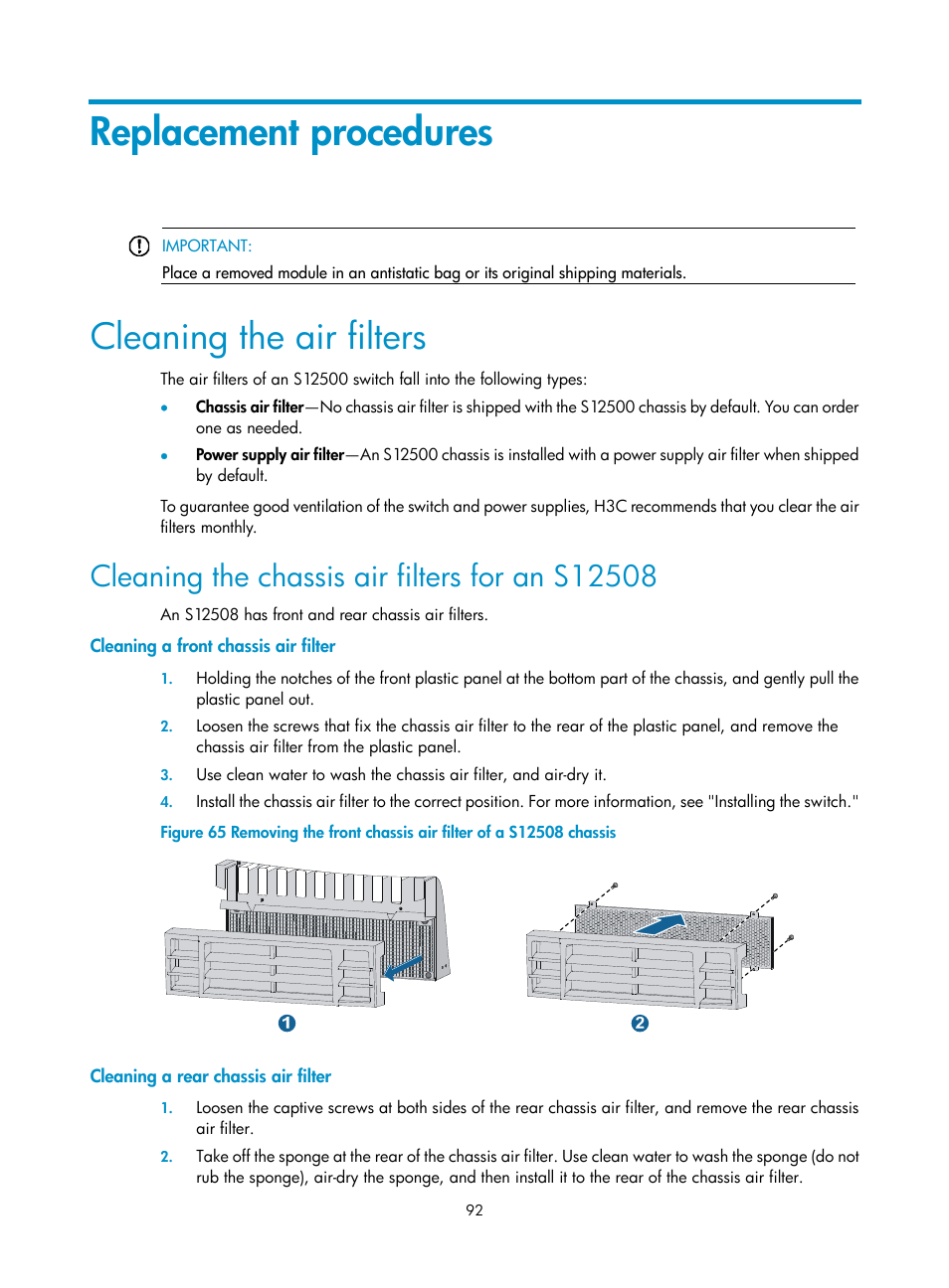 Replacement procedures, Cleaning the air filters, Cleaning the chassis air filters for an s12508 | Cleaning a front chassis air filter, Cleaning a rear chassis air filter | H3C Technologies H3C S12500 Series Switches User Manual | Page 102 / 170