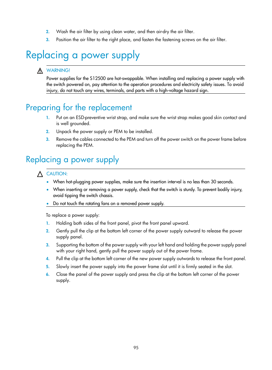 Replacing a power supply, Preparing for the replacement | H3C Technologies H3C S12500 Series Switches User Manual | Page 105 / 170