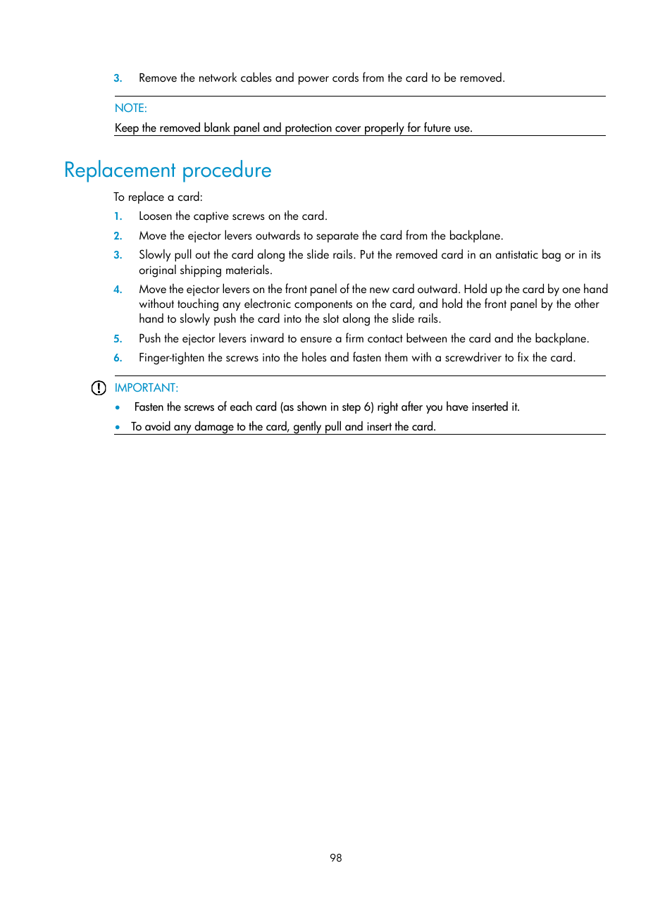 Replacement procedure | H3C Technologies H3C S12500 Series Switches User Manual | Page 108 / 170