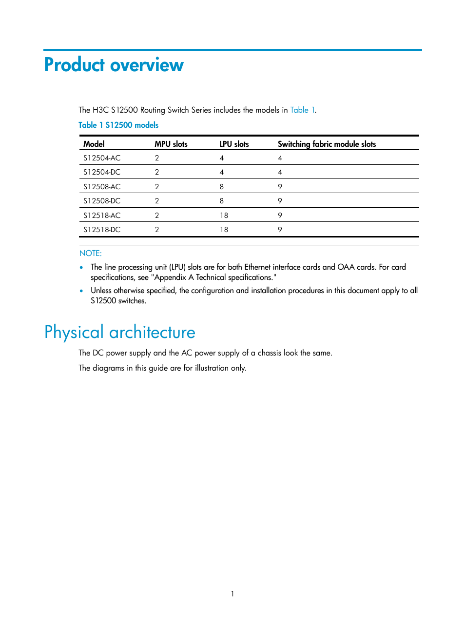 Product overview, Physical architecture | H3C Technologies H3C S12500 Series Switches User Manual | Page 11 / 170