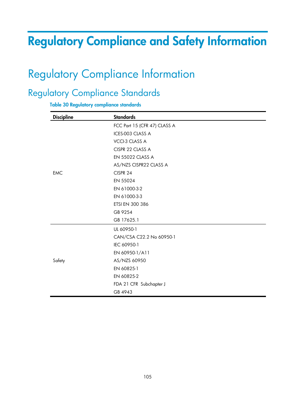 Regulatory compliance and safety information, Regulatory compliance information, Regulatory compliance standards | H3C Technologies H3C S12500 Series Switches User Manual | Page 115 / 170