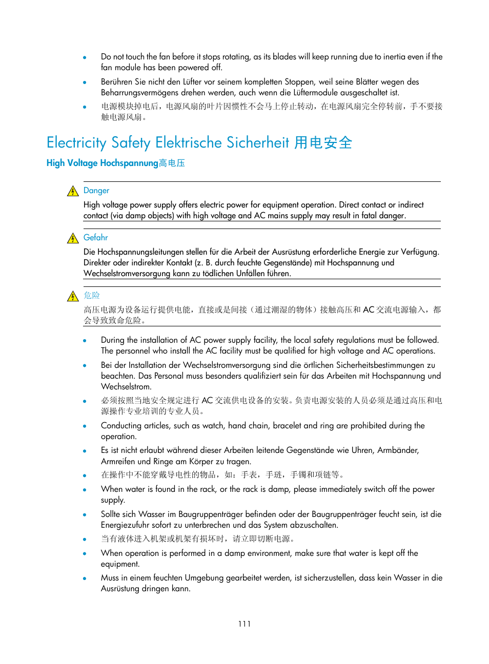 Electricity safety elektrische sicherheit 用电安全, High voltage hochspannung高电压 | H3C Technologies H3C S12500 Series Switches User Manual | Page 121 / 170