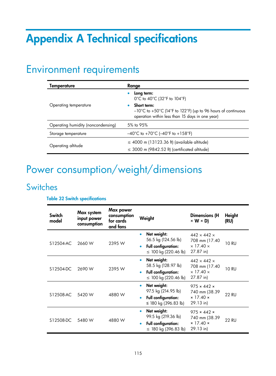 Appendix a technical specifications, Environment requirements, Power consumption/weight/dimensions | Switches | H3C Technologies H3C S12500 Series Switches User Manual | Page 125 / 170