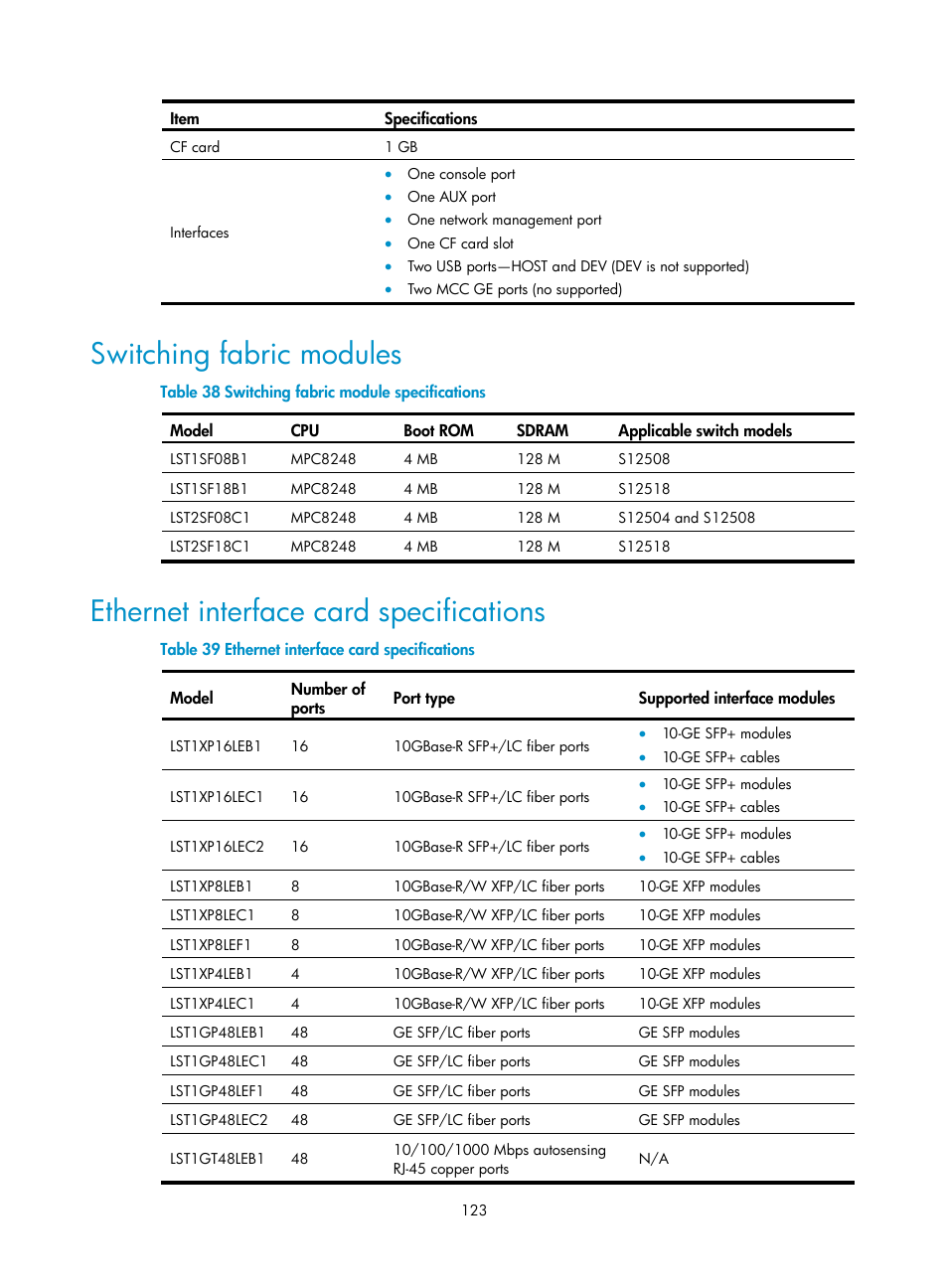Switching fabric modules, Ethernet interface card specifications | H3C Technologies H3C S12500 Series Switches User Manual | Page 133 / 170