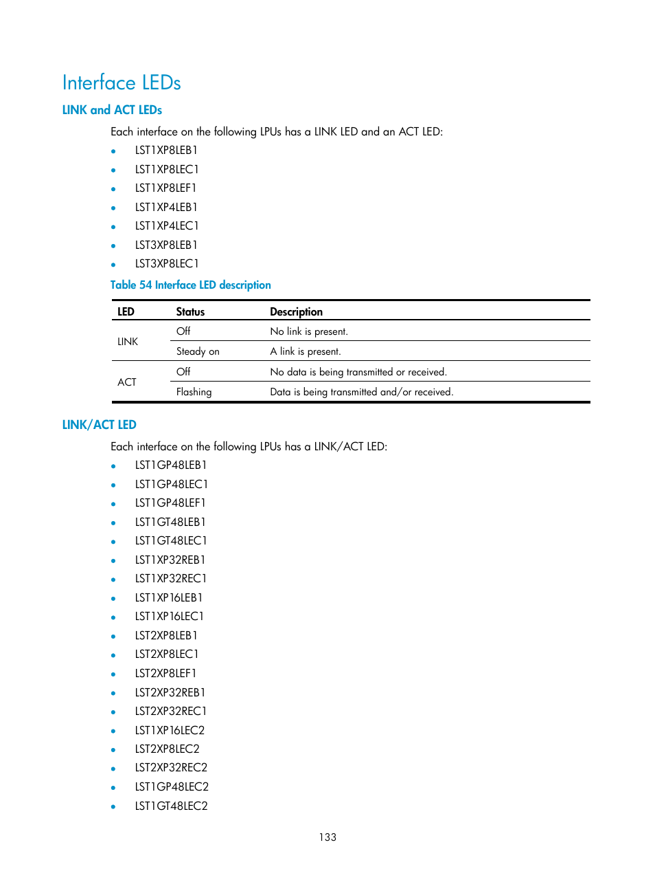 Interface leds, Link and act leds, Link/act led | H3C Technologies H3C S12500 Series Switches User Manual | Page 143 / 170