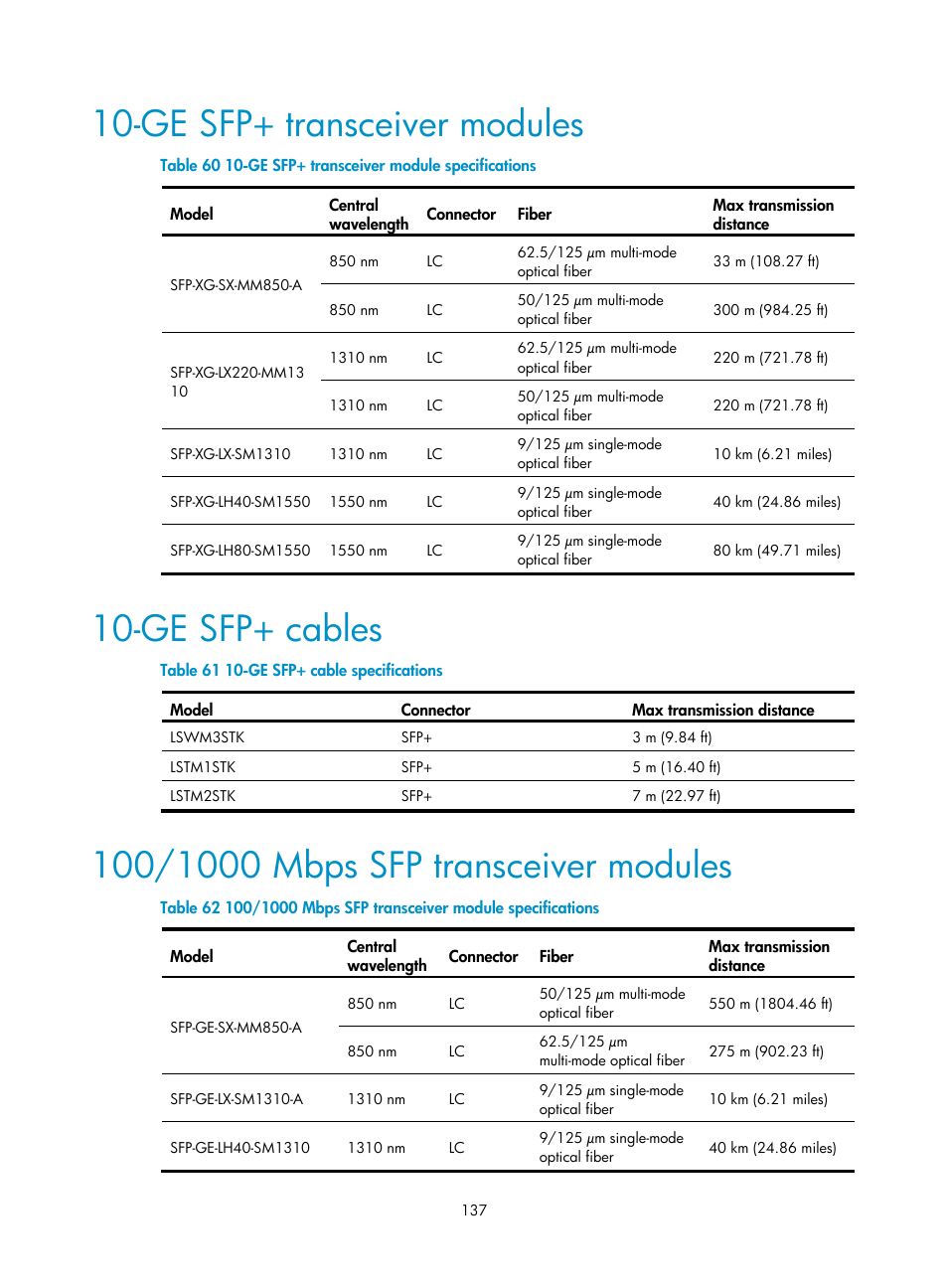 Ge sfp+ transceiver modules, Ge sfp+ cables, 100/1000 mbps sfp transceiver modules | H3C Technologies H3C S12500 Series Switches User Manual | Page 147 / 170