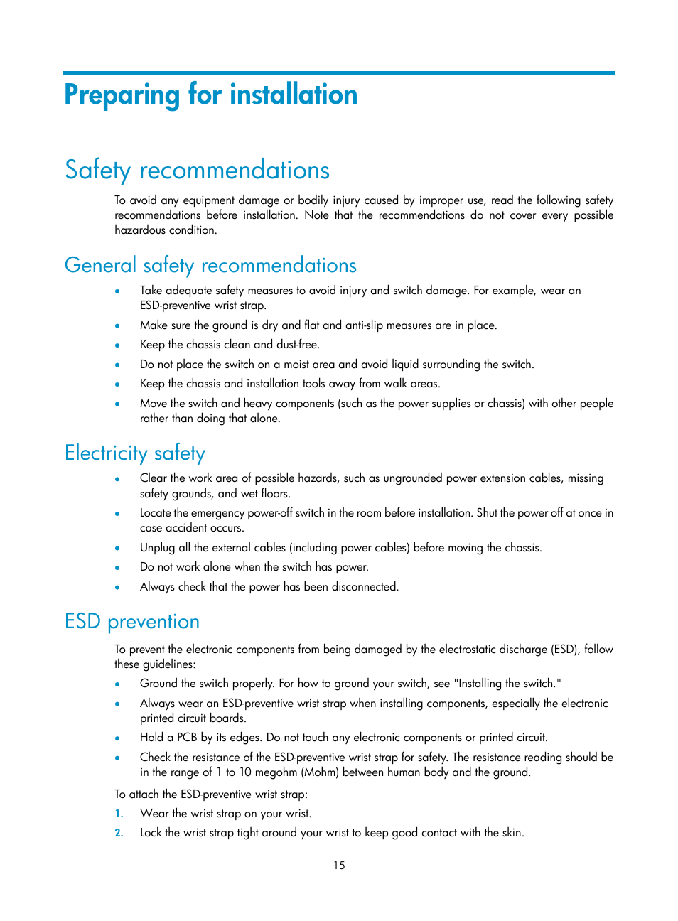 Preparing for installation, Safety recommendations, General safety recommendations | Electricity safety, Esd prevention | H3C Technologies H3C S12500 Series Switches User Manual | Page 25 / 170