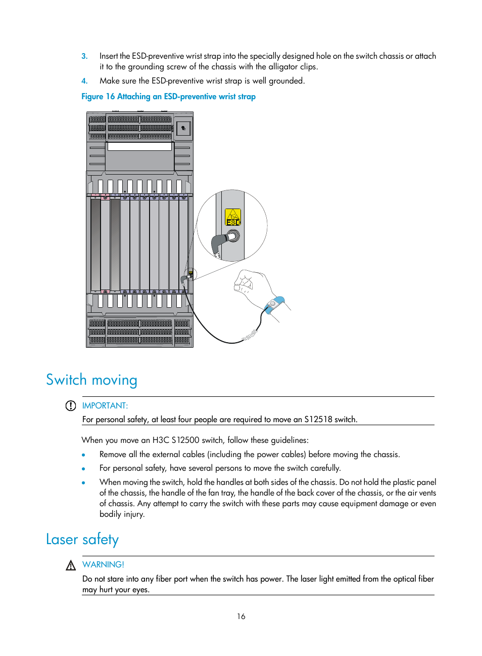 Switch moving, Laser safety | H3C Technologies H3C S12500 Series Switches User Manual | Page 26 / 170