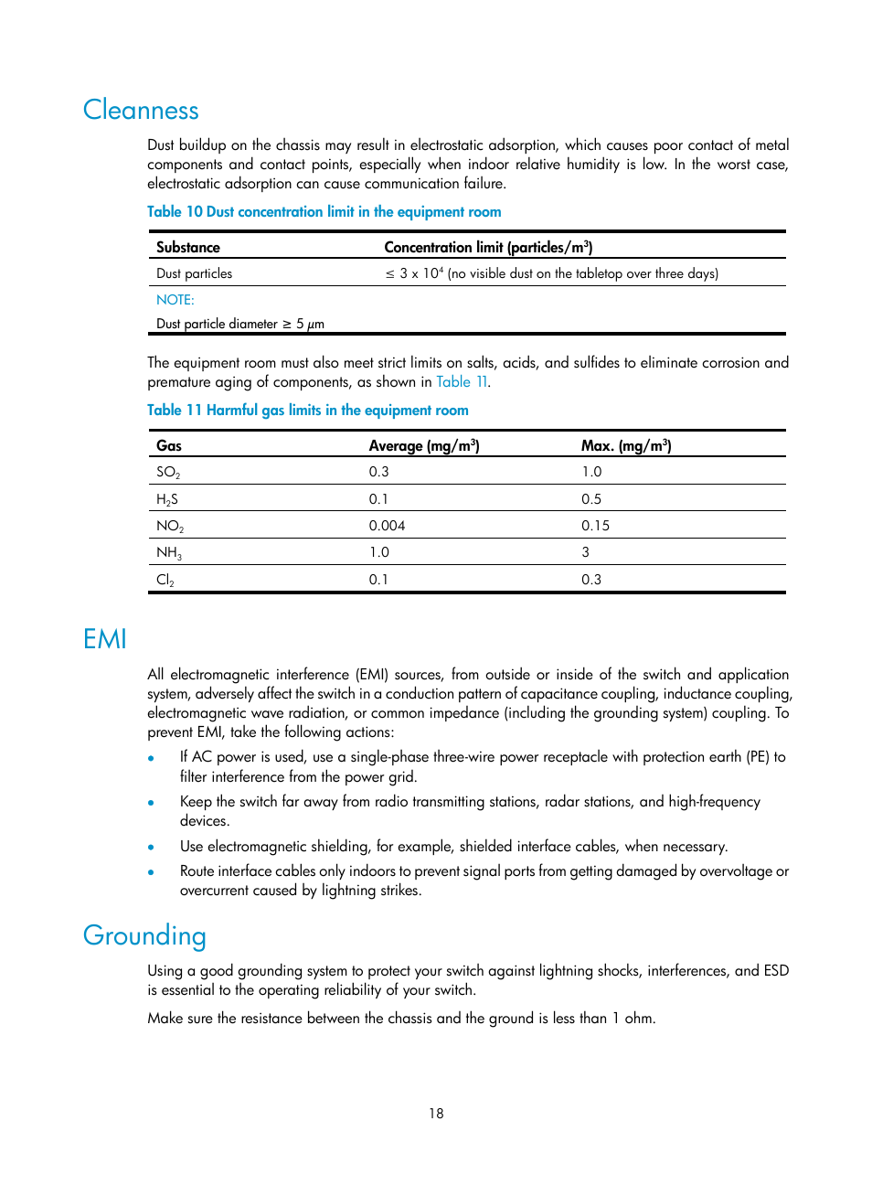 Cleanness, Grounding | H3C Technologies H3C S12500 Series Switches User Manual | Page 28 / 170
