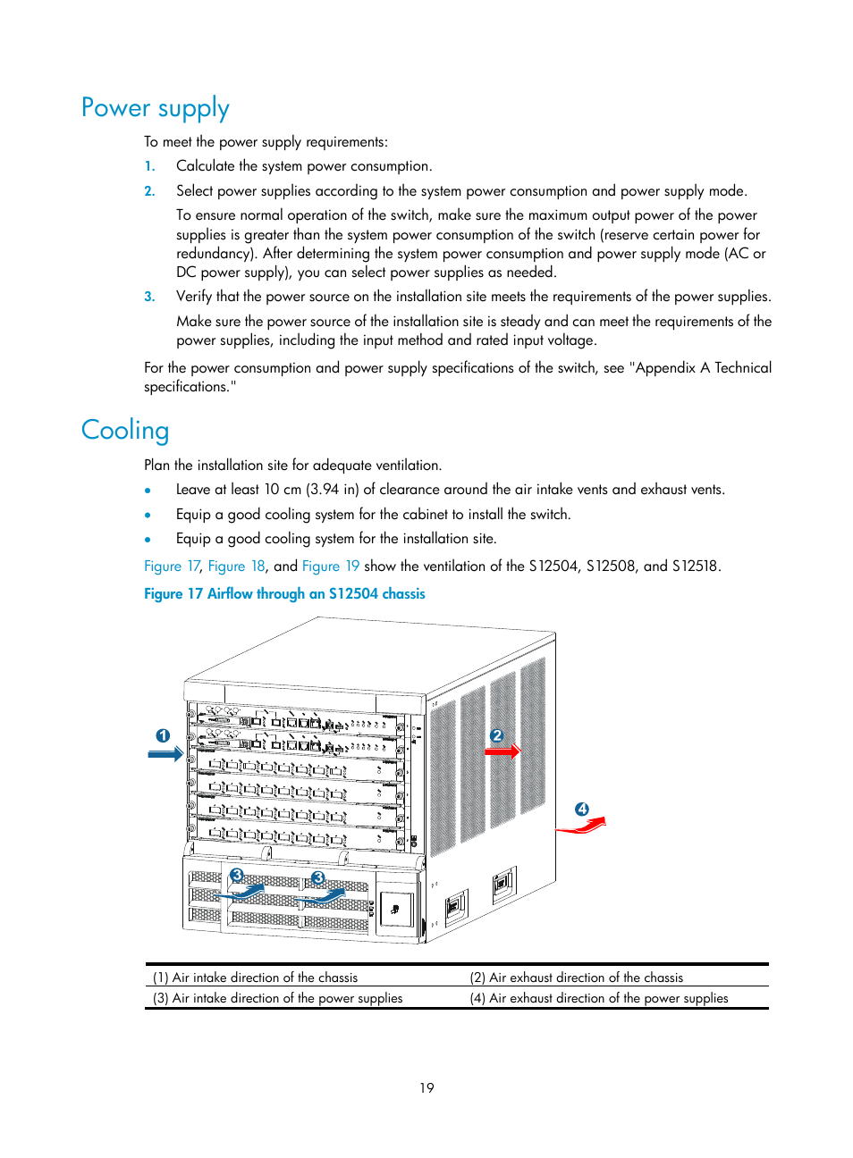 Power supply, Cooling | H3C Technologies H3C S12500 Series Switches User Manual | Page 29 / 170