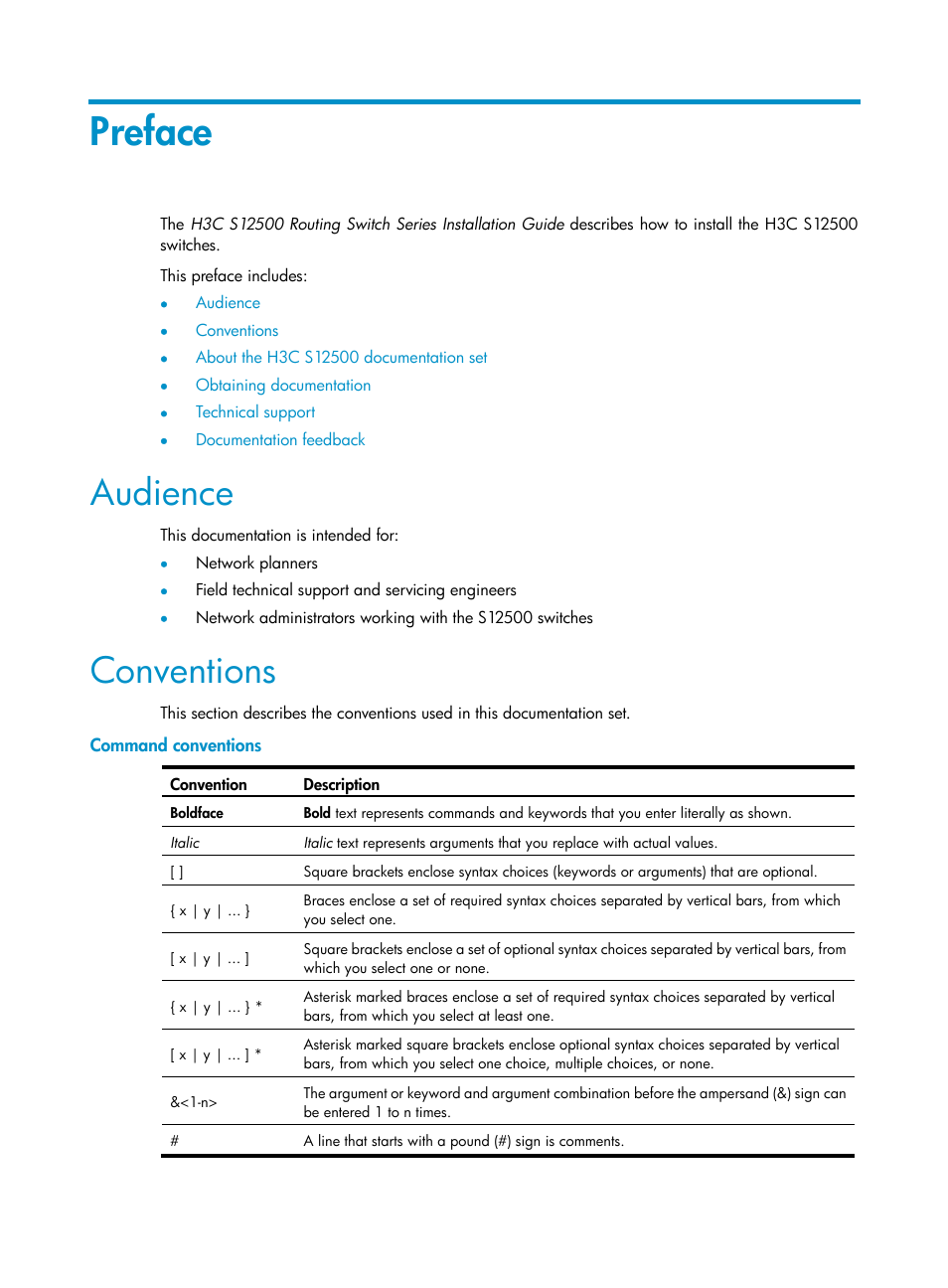 Preface, Audience, Conventions | Command conventions | H3C Technologies H3C S12500 Series Switches User Manual | Page 3 / 170