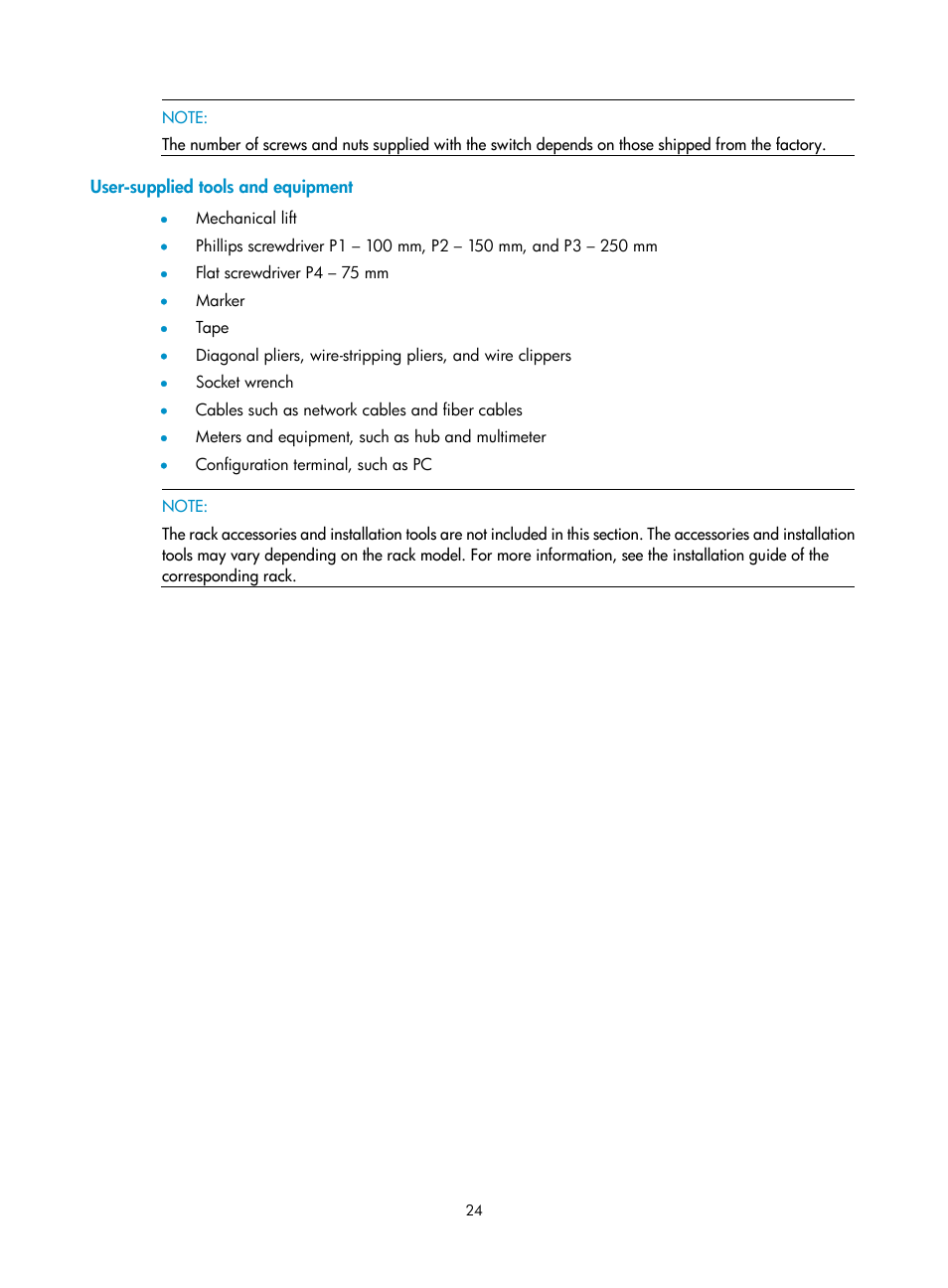 User-supplied tools and equipment | H3C Technologies H3C S12500 Series Switches User Manual | Page 34 / 170
