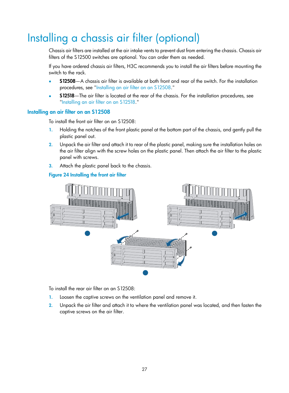 Installing a chassis air filter (optional), Installing an air filter on an s12508 | H3C Technologies H3C S12500 Series Switches User Manual | Page 37 / 170