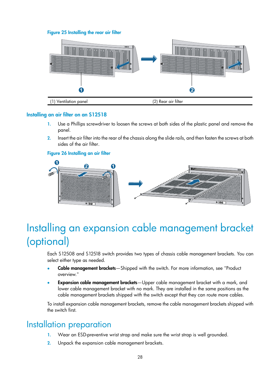 Installing an air filter on an s12518, Installation preparation | H3C Technologies H3C S12500 Series Switches User Manual | Page 38 / 170