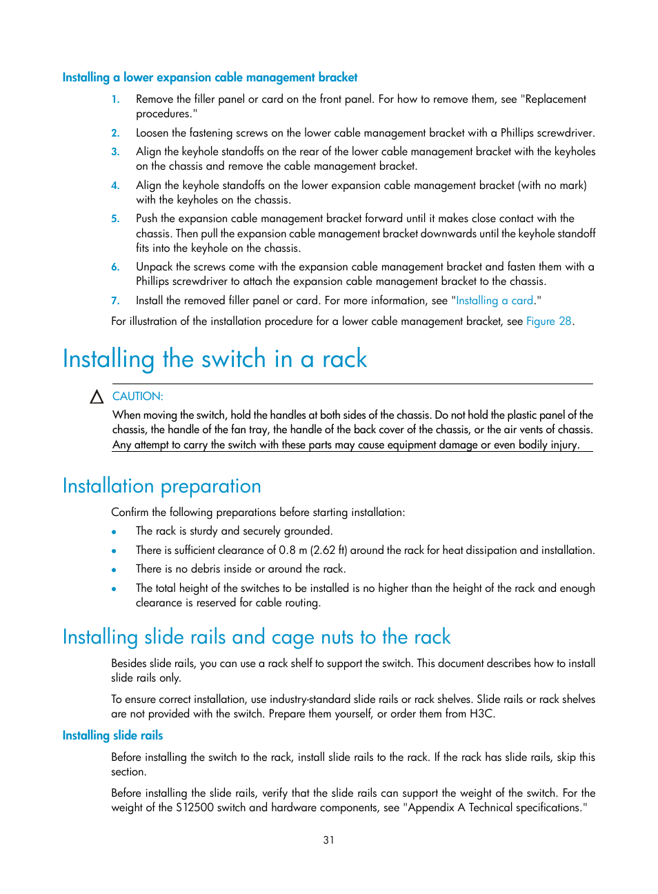 Installing the switch in a rack, Installation preparation, Installing slide rails and cage nuts to the rack | Installing slide rails | H3C Technologies H3C S12500 Series Switches User Manual | Page 41 / 170