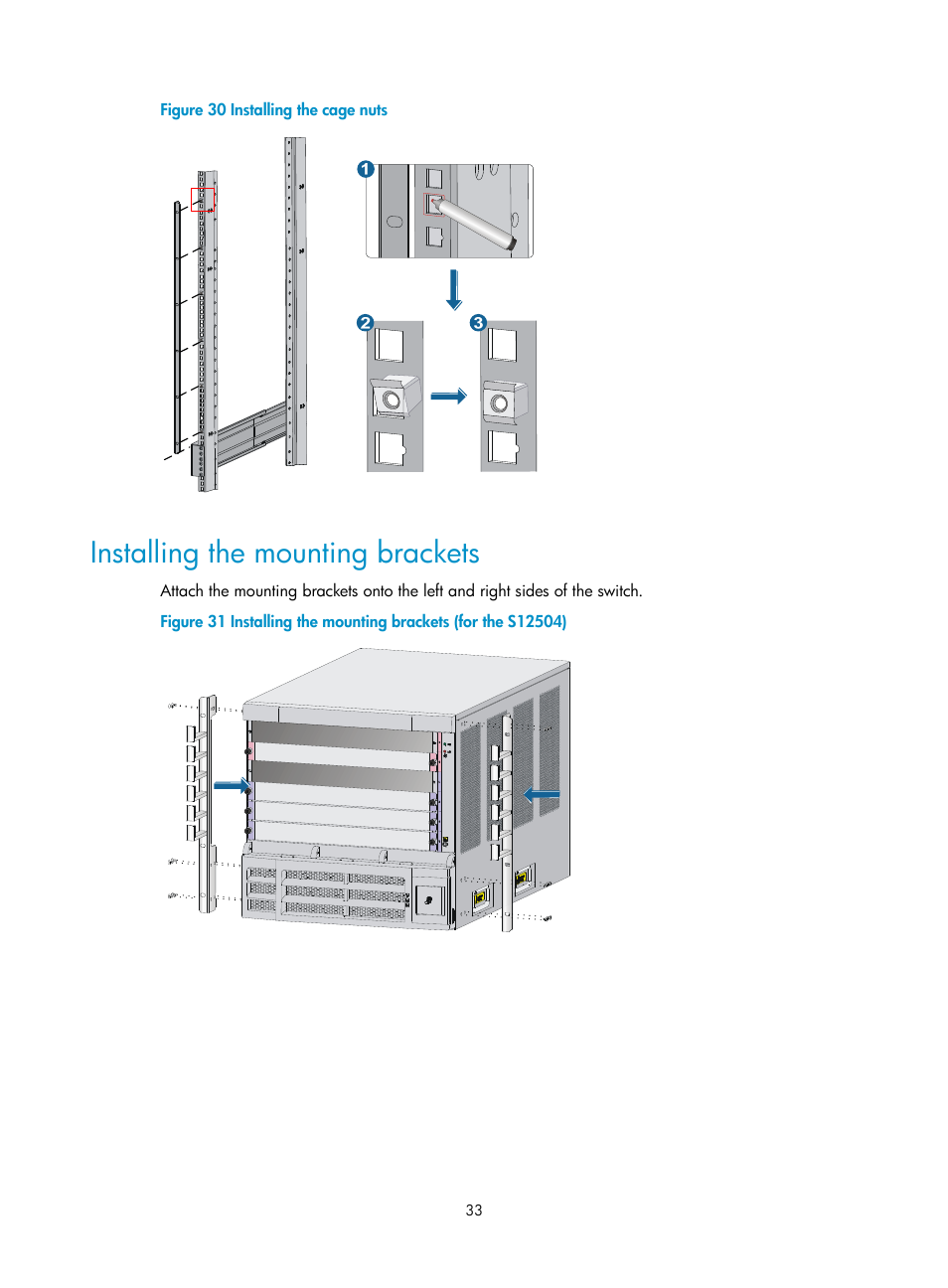 Installing the mounting brackets | H3C Technologies H3C S12500 Series Switches User Manual | Page 43 / 170