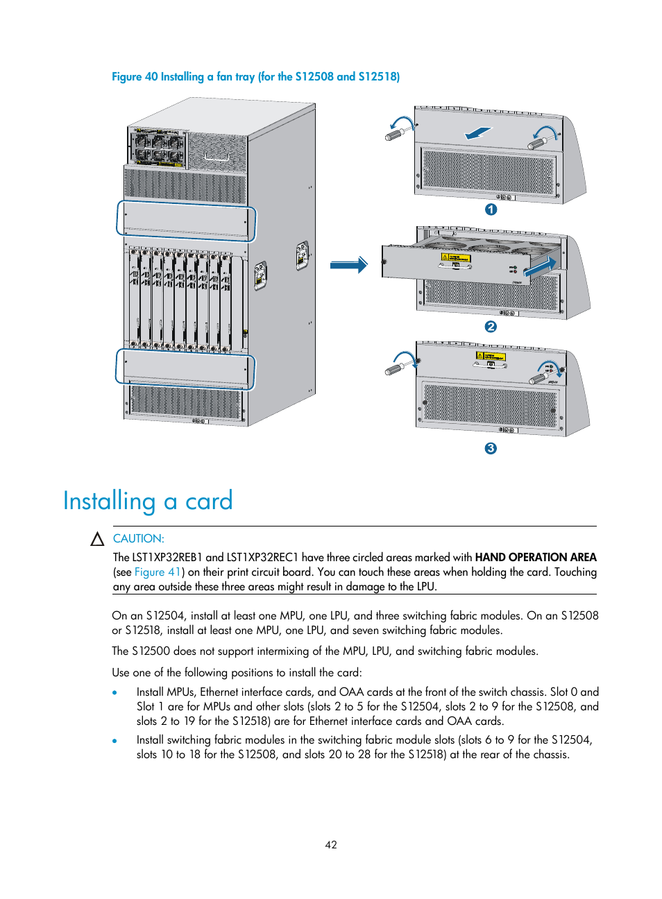 Installing a card | H3C Technologies H3C S12500 Series Switches User Manual | Page 52 / 170