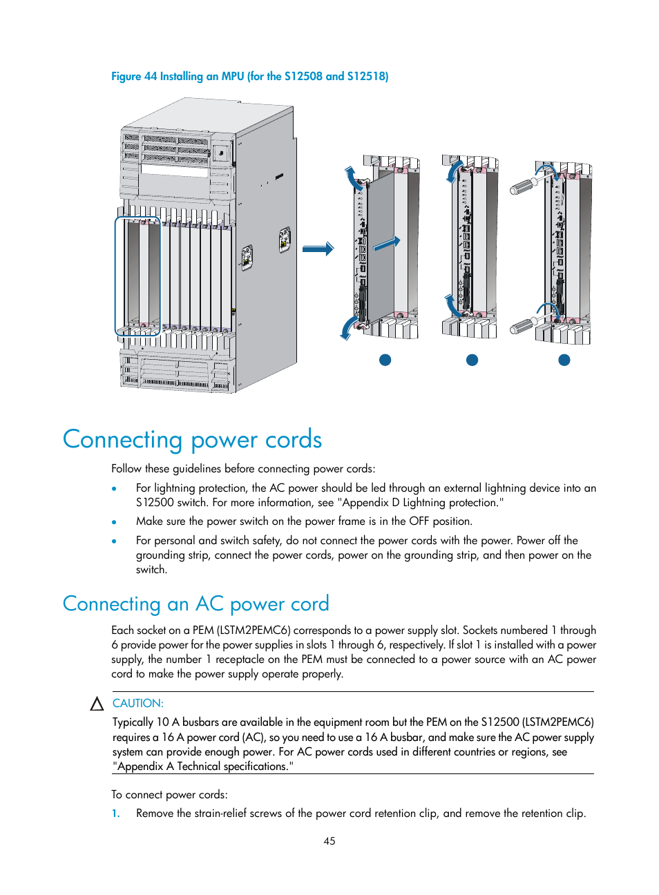 Connecting power cords, Connecting an ac power cord | H3C Technologies H3C S12500 Series Switches User Manual | Page 55 / 170