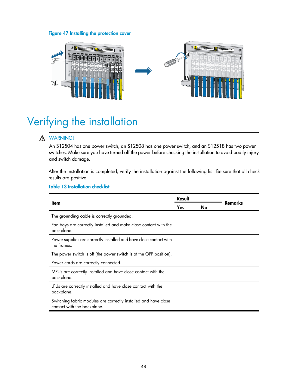 Verifying the installation | H3C Technologies H3C S12500 Series Switches User Manual | Page 58 / 170