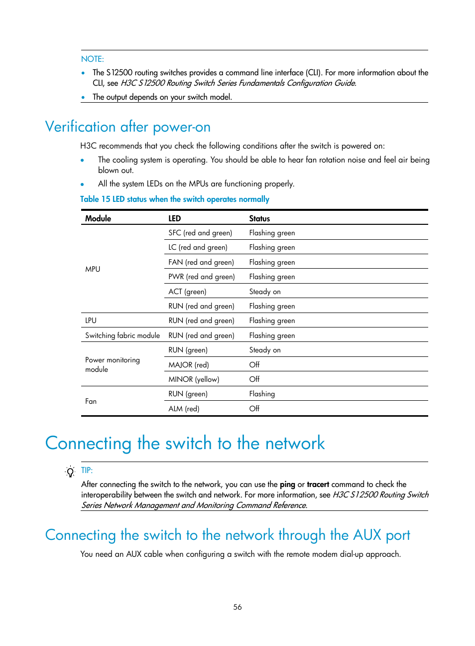 Verification after power-on, Connecting the switch to the network | H3C Technologies H3C S12500 Series Switches User Manual | Page 66 / 170