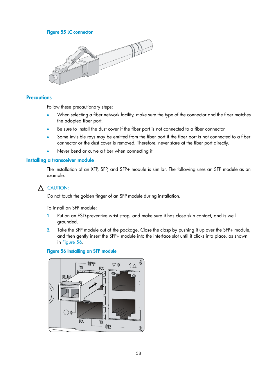 Precautions, Installing a transceiver module | H3C Technologies H3C S12500 Series Switches User Manual | Page 68 / 170