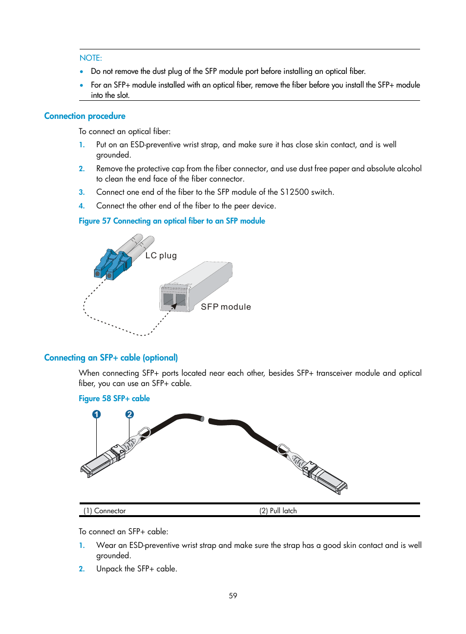 Connection procedure, Connecting an sfp+ cable (optional) | H3C Technologies H3C S12500 Series Switches User Manual | Page 69 / 170