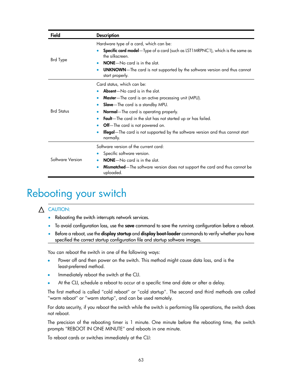 Rebooting your switch | H3C Technologies H3C S12500 Series Switches User Manual | Page 73 / 170