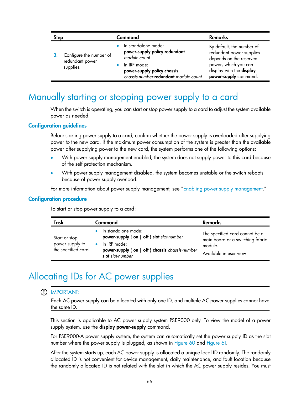 Configuration guidelines, Configuration procedure, Allocating ids for ac power supplies | H3C Technologies H3C S12500 Series Switches User Manual | Page 76 / 170