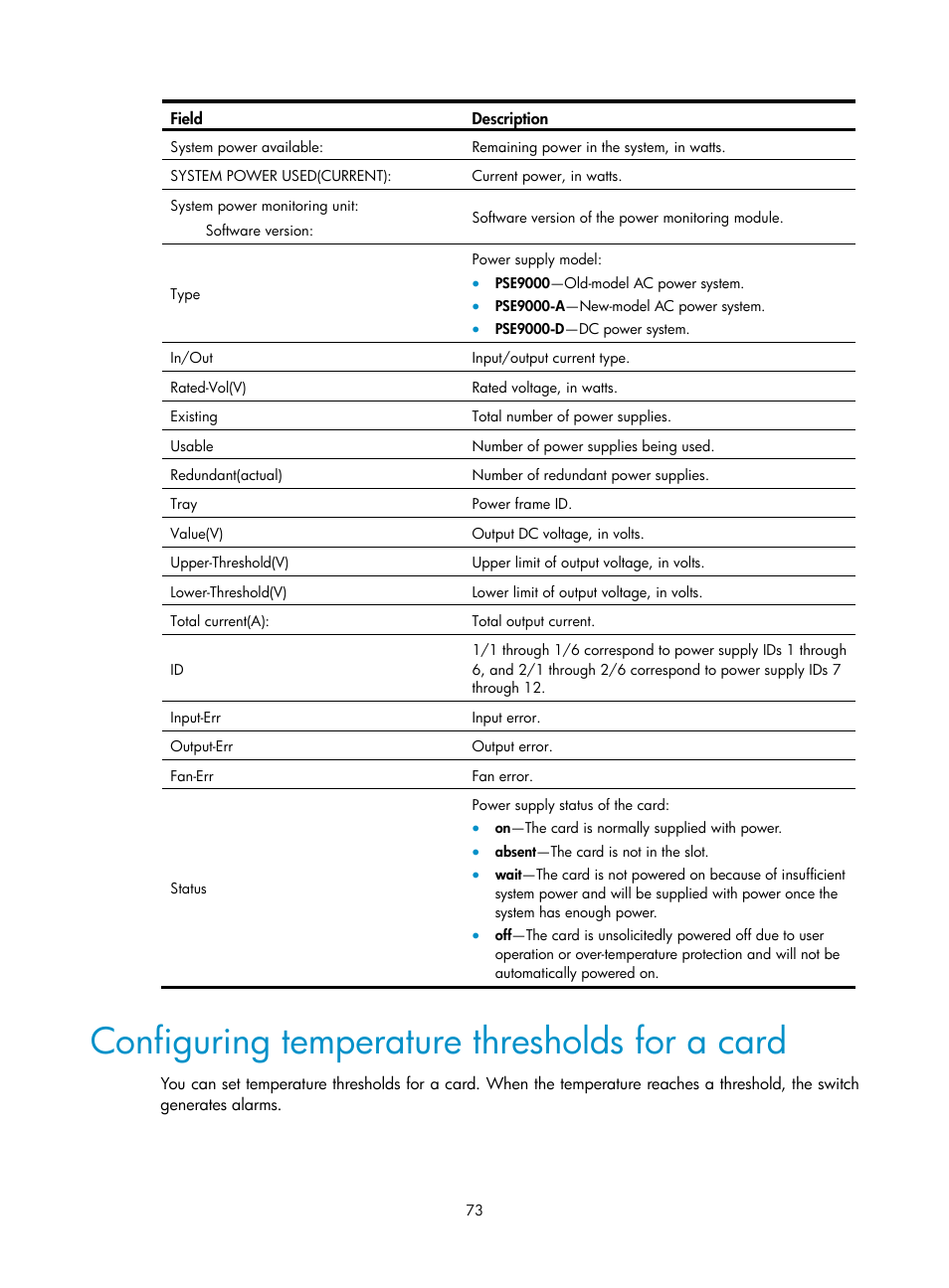 Configuring temperature thresholds for a card | H3C Technologies H3C S12500 Series Switches User Manual | Page 83 / 170