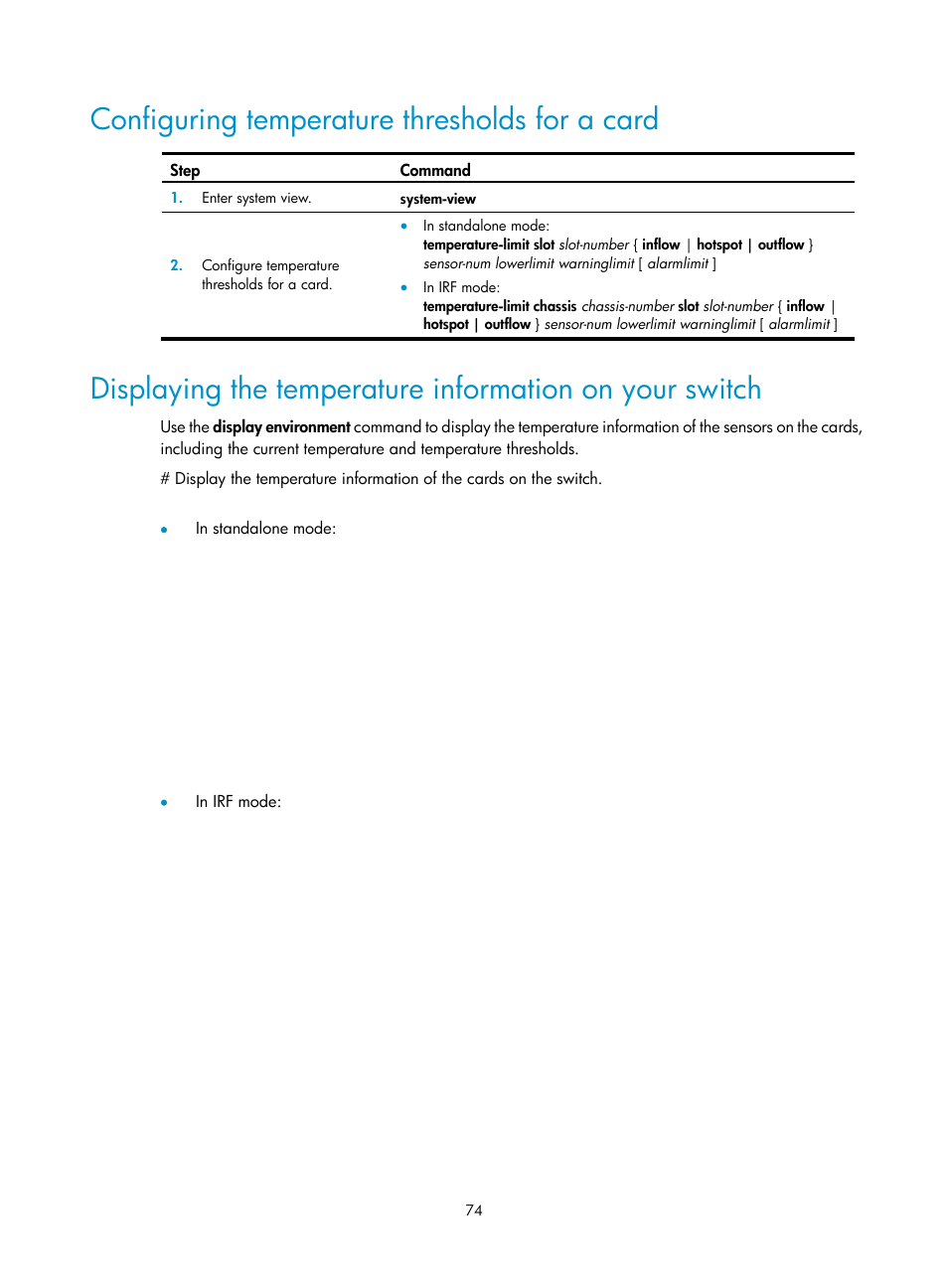 Configuring temperature thresholds for a card | H3C Technologies H3C S12500 Series Switches User Manual | Page 84 / 170